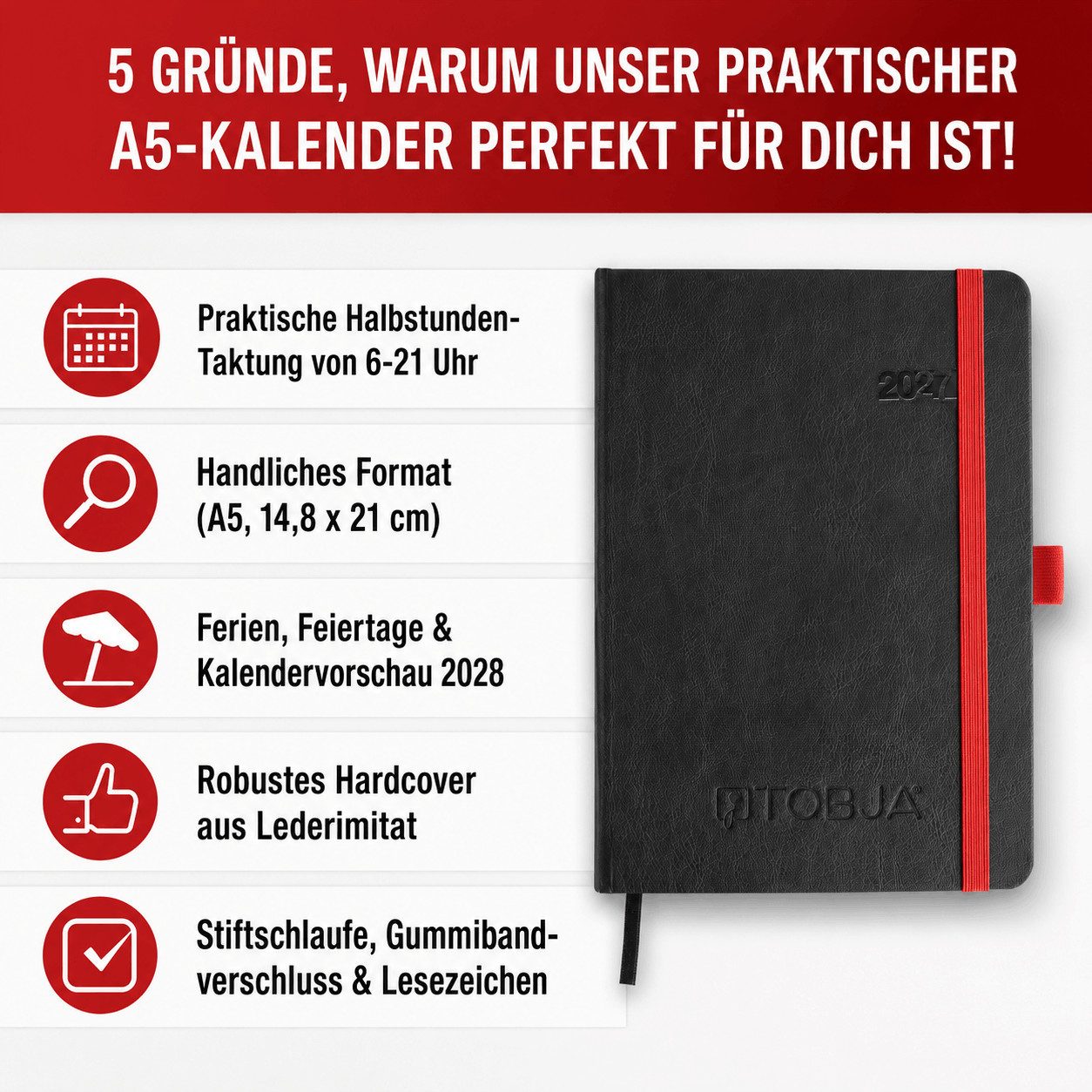 TOBJA Buchkalender Buchkalender 2027 A5 Nero Rot Hardcover Halbstunden 1 Woche 2 Seiten, Halbstunden-Taktung, FSC-Papier, Hardcover, mehrsprachig – Bild 2 von 5