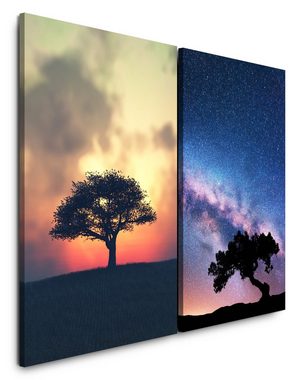 Sinus Art Leinwandbild 2 Bilder je 60x90cm einsamer Baum Sommernacht Sterne Milchstraße Galaxie Astrofotografie Träumerisch