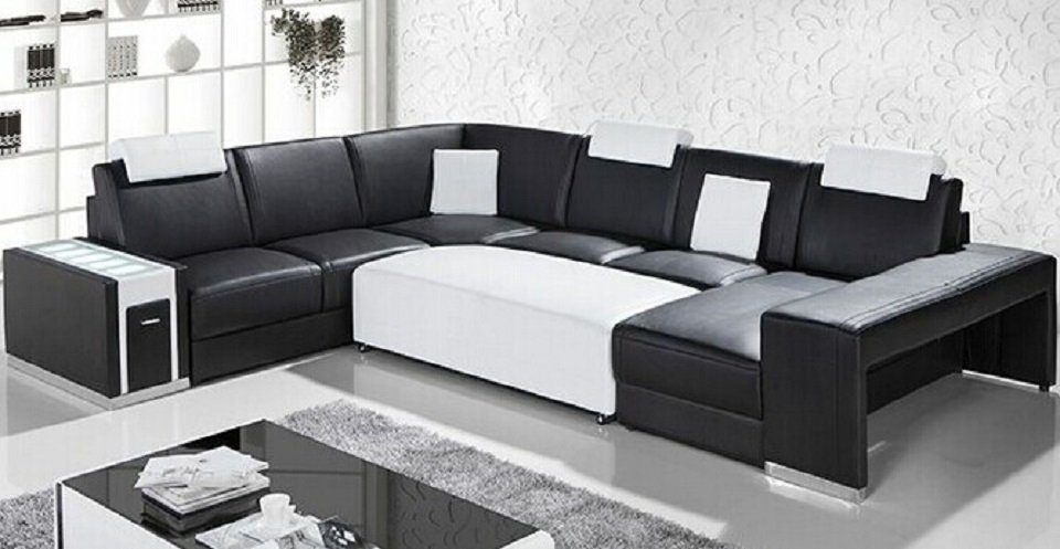 JVmoebel Ecksofa, Design Ecksofa Sofa Couch Ledersofa Form U Schwarz/Weiß Wohnlandschaft Polster