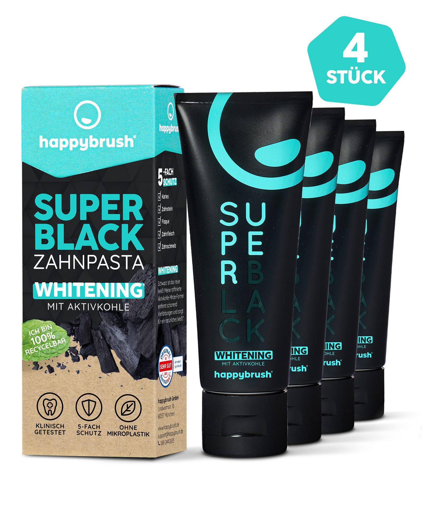happybrush Zahnpasta SuperBlack 4er Set, (Spar-Set) Ohne Mikroplastik, vegan, nachhaltig