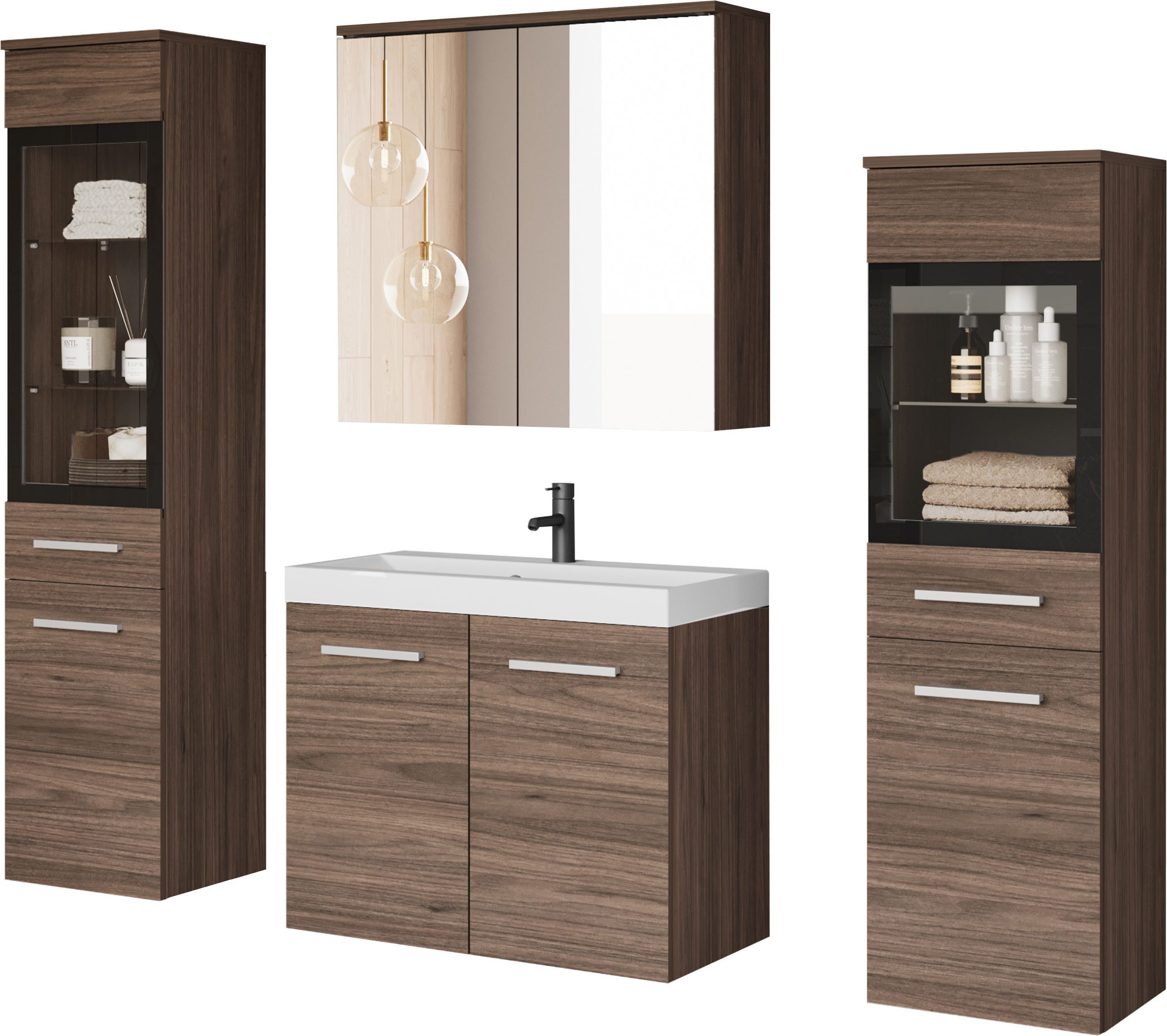welltime Badmöbel-Set MADRIT II, Schrank mit Waschbecken, 2 Hänger, Spiegelschrank, (Komplett-Set, 5-St), Hängende Badmöbel mit Glaseinsätzen – in vielen Farben erhältlich