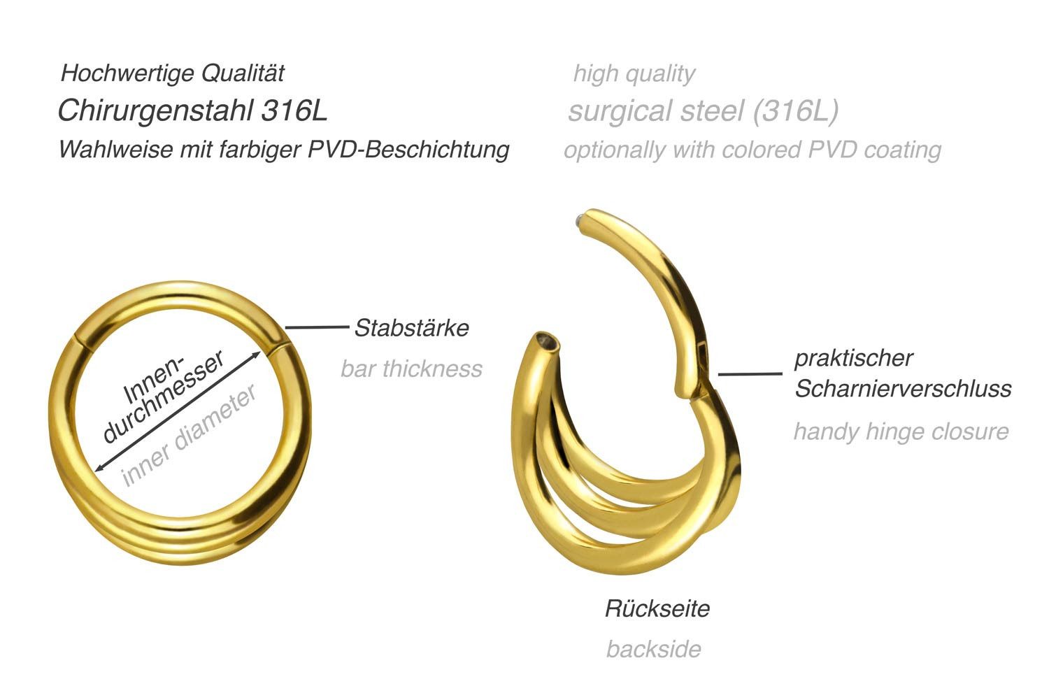PIERCINGLINE Nasenpiercing Chirurgenstahl Segmentring Clicker 3 RINGE Ohrpiercing Septum Nase (Clicker, 1-tlg), Ohrpiercing für Conch, Helix, Tragus, Daith, Lobe