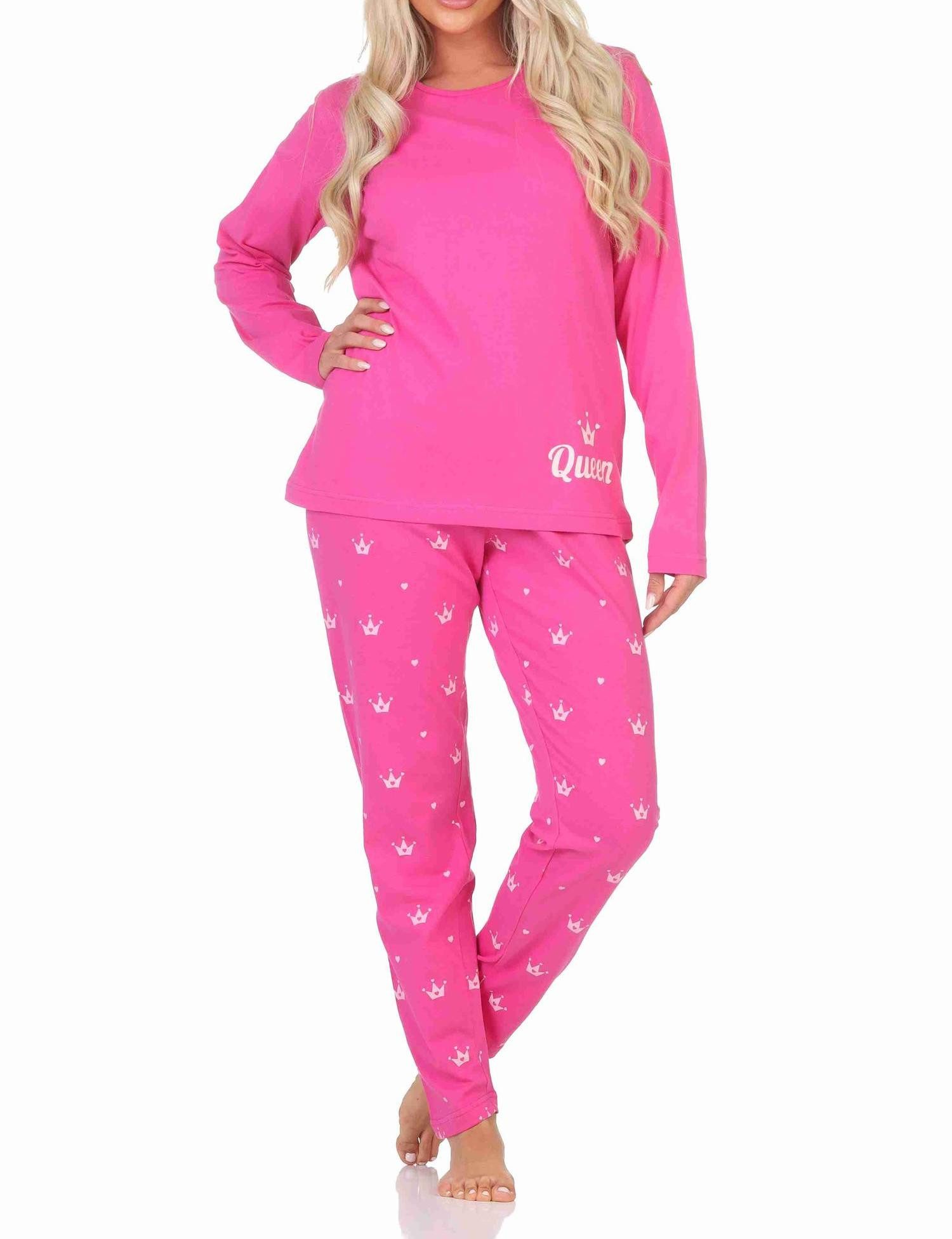 Normann Pyjama Normann Damen Schlafanzug lang Pyjama mit Krone als Motiv