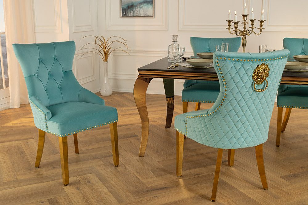 riess-ambiente Esszimmerstuhl CASTLE DELUXE blau/gold - Samt, Edelstahl, Löwenkopf-Griff (Einzelartikel, 1 St), glamouröser Stuhl mit Nieten - ideal für Deinen Barock-Look