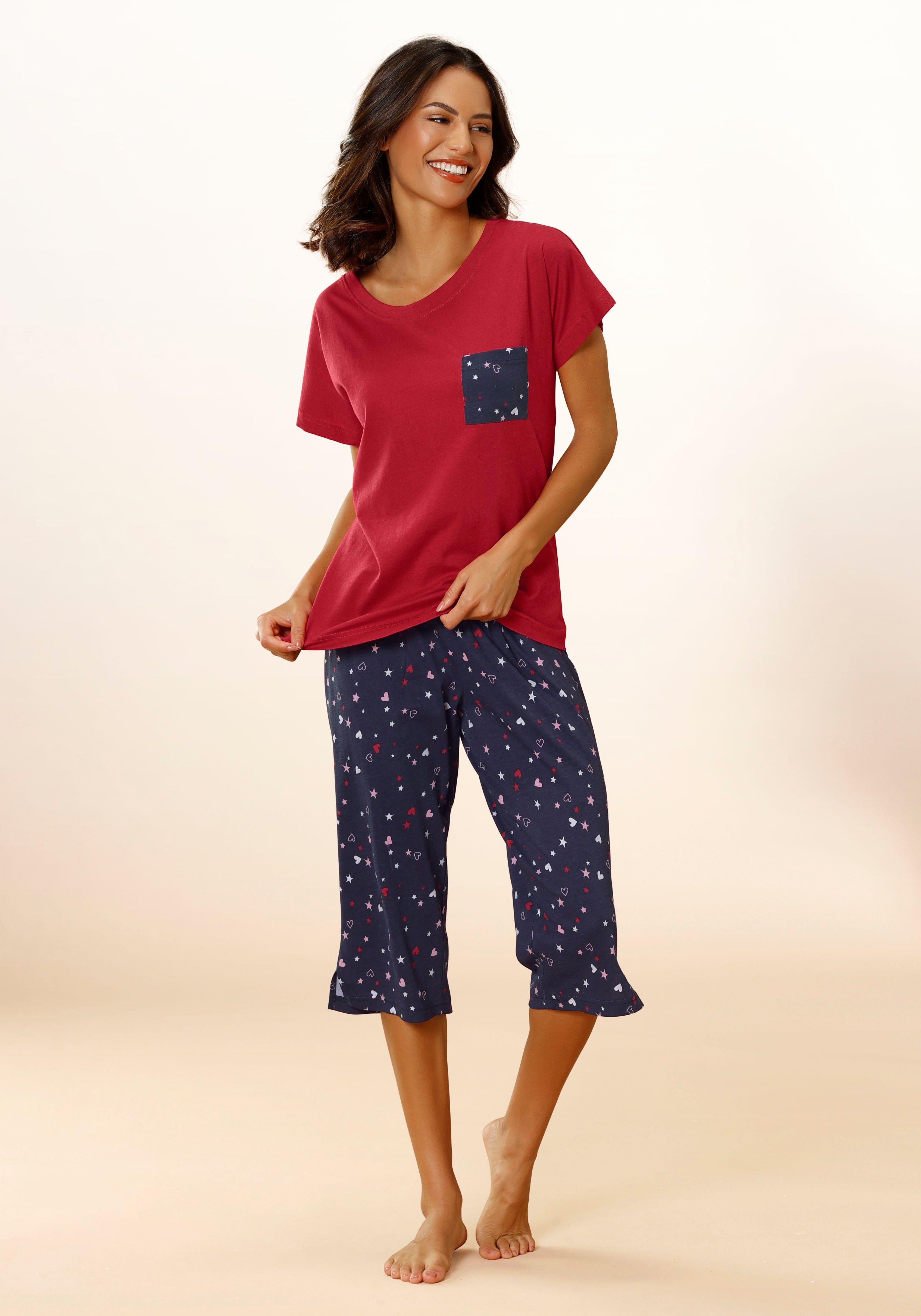 Vivance Dreams Stück) Capri-Pyjama 1 niedlichem mit tlg., (2 Herzen-Sterne-Druck