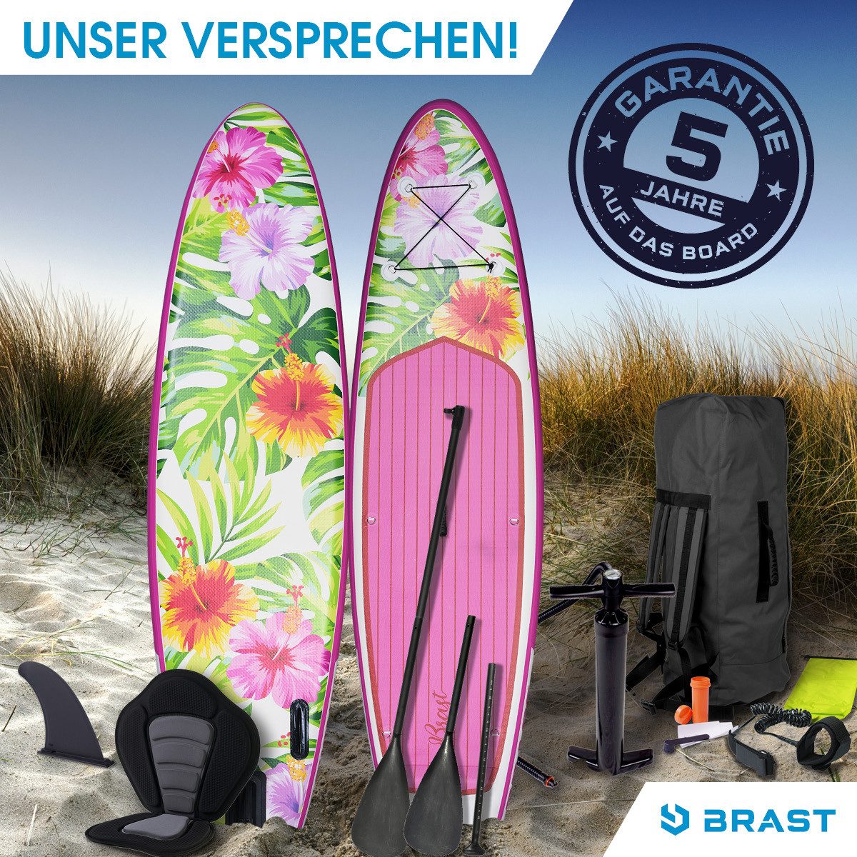 BRAST SUP-Board Aufblasbares Stand up Paddle Set für Frauen viele Modelle, (300x76x15cm), incl. Zubehör, 5 Jahre Garantie, Fußschlaufe Paddel Pumpe Rucksack