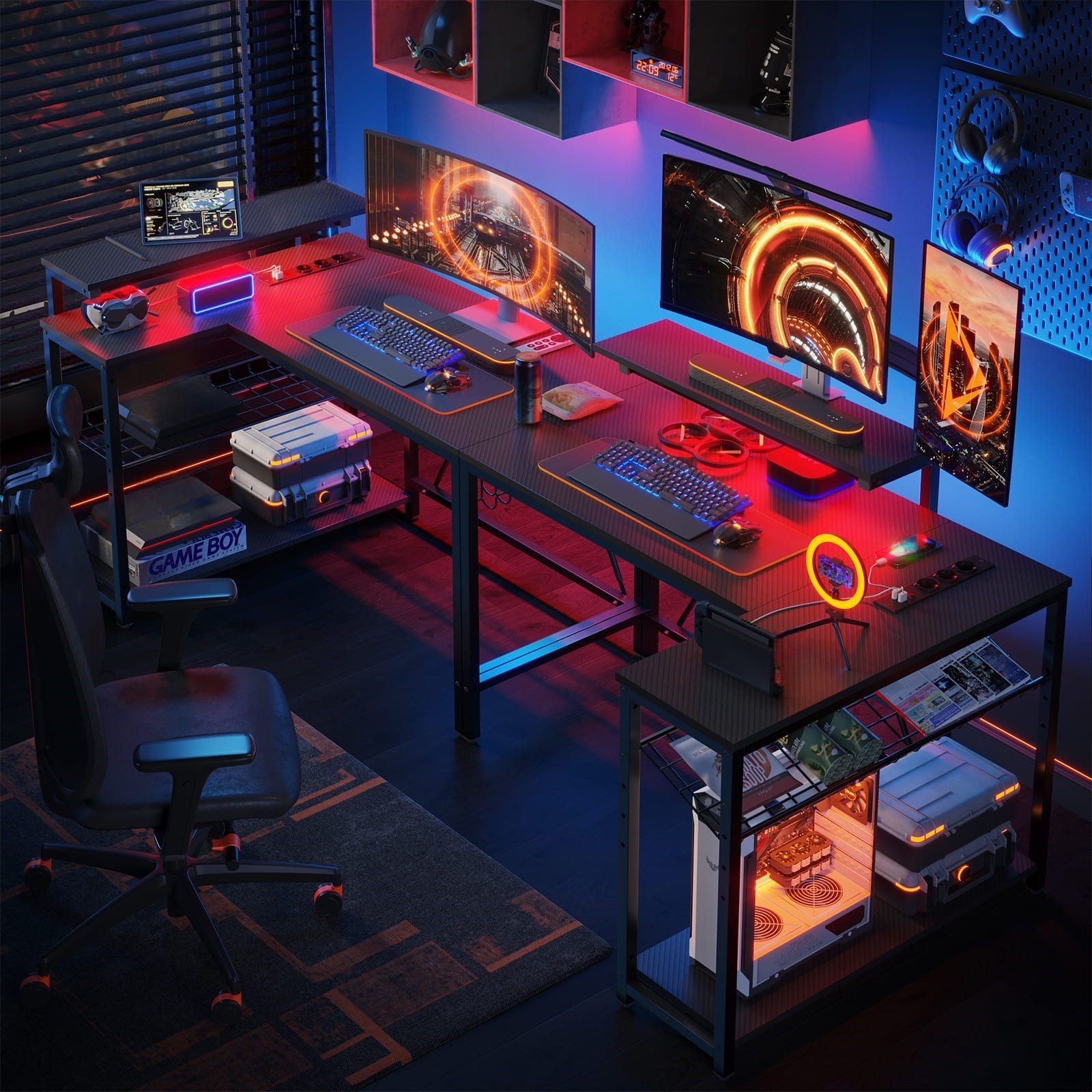 Bestier Gamingtisch Gaming-Schreibtisch L-Form mit LED, 106/133/147 × 50 cm Computertisch (Eckschreibtisch mit 2 USB-Ladeanschluss und 3 AC-Steckdosen, 1 Tisch), L Form Großer Tisch für Büro