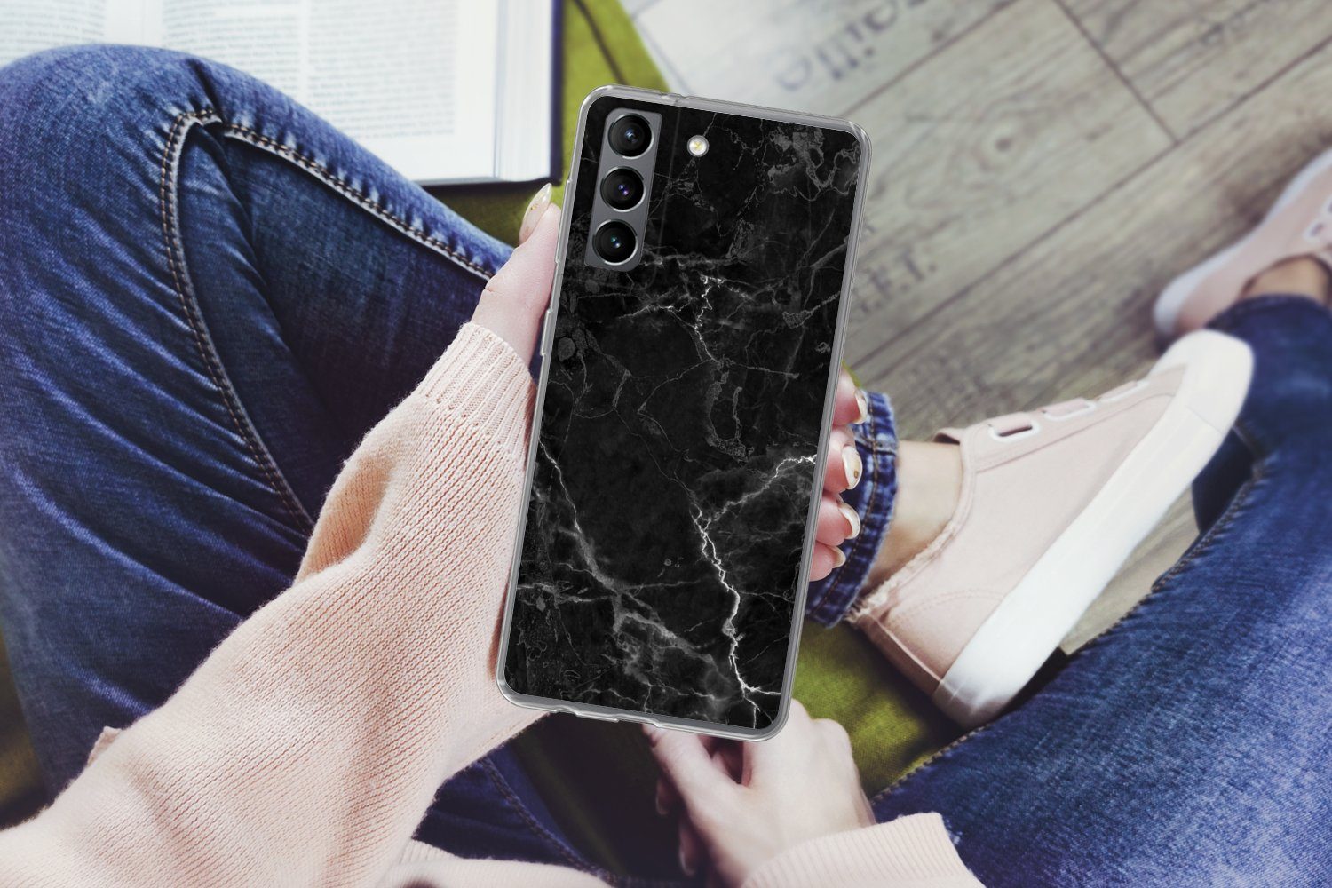 MuchoWow Handyhülle für Samsung Galaxy S21 Marmor - Schwarz - Weiß - Textur - Marmoroptik, Phone Case, Silikon, Schutzhülle Dünn