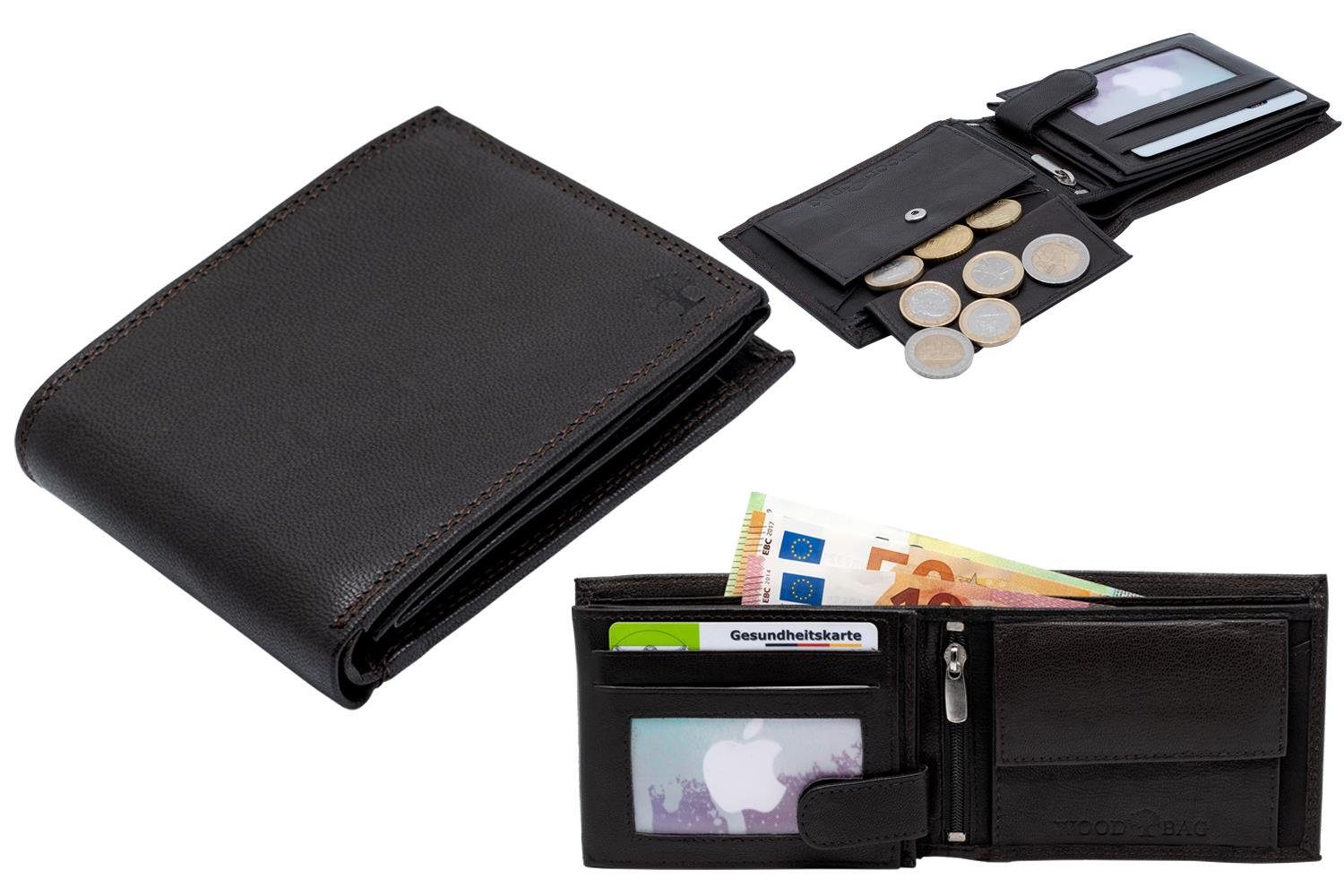 Wood Bag Geldbörse Echt Schutz, im Querformat, Fächer, RFID Börse Dunkelbraun 10 Leder