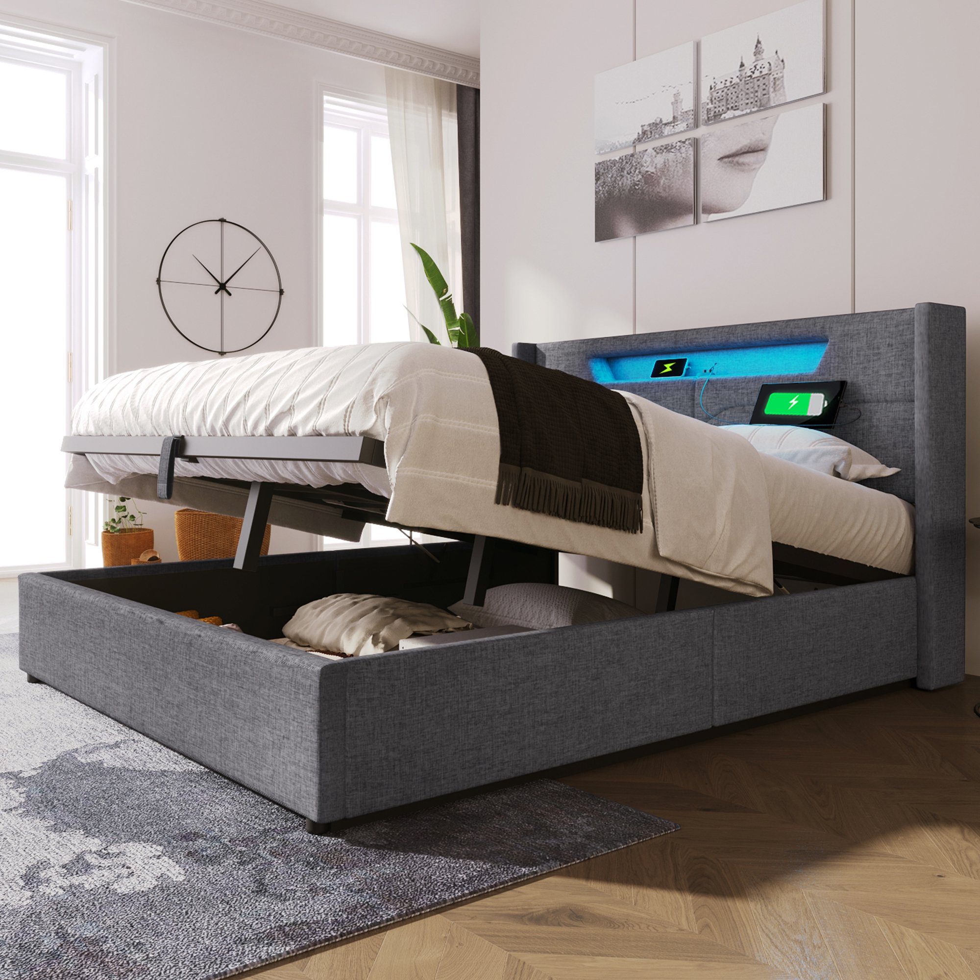OKWISH Polsterbett LED Doppelbett mit USB günstig online kaufen