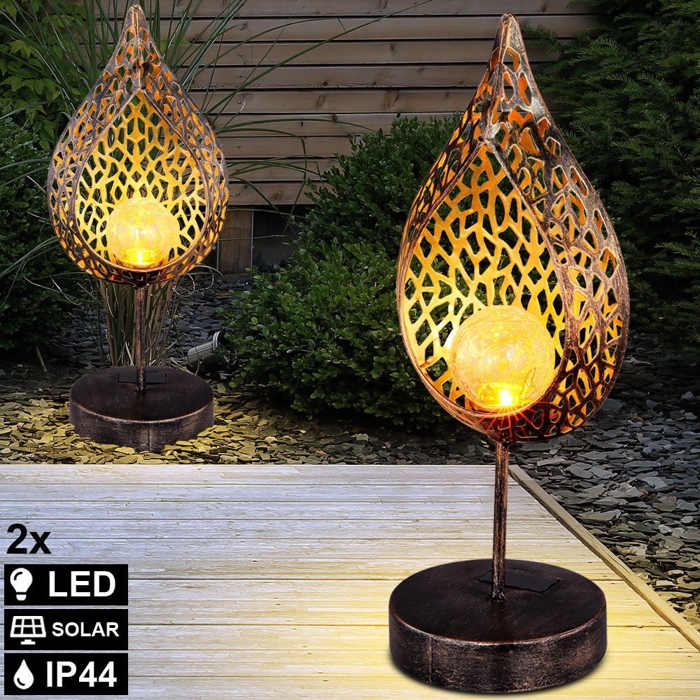 Gartenleuchte, 2x LED Solar Tisch Lampen Stand Feuer Effekt