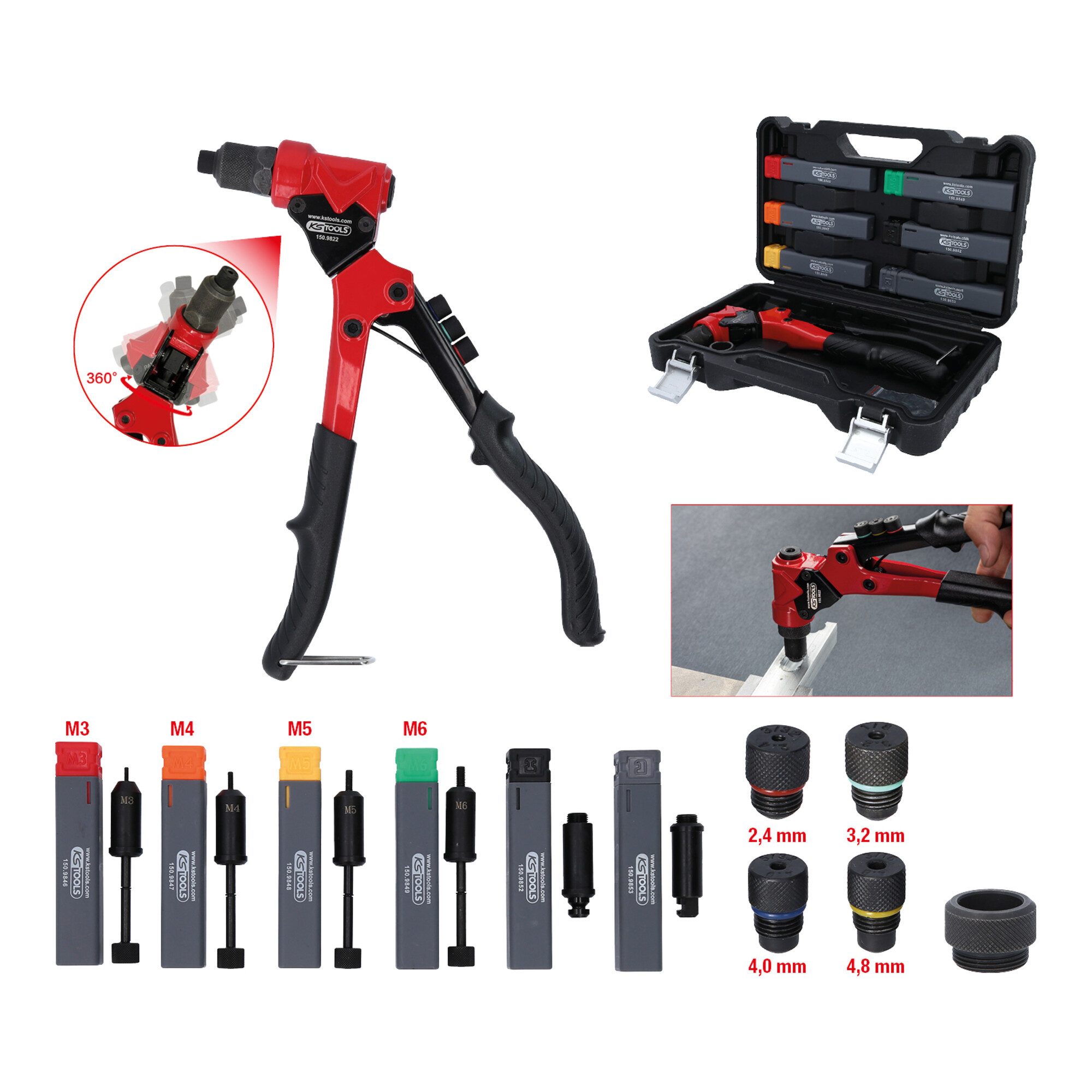 KS Tools Gewindebohrer KS Tools 3 in 1 Handnietzangen-Satz, drehbar, 12-tlg