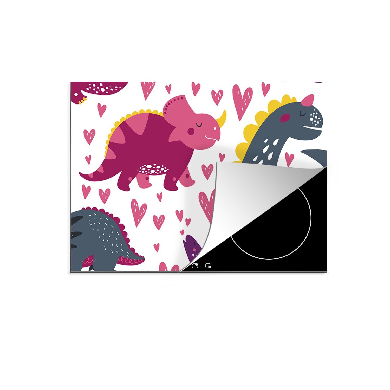 MuchoWow Herdblende-/Abdeckplatte Dino - Herz - Muster - Rosa - Mädchen - Dinosaurier, Vinyl, (1 tlg), 70x52 cm, Mobile Arbeitsfläche nutzbar, Ceranfeldabdeckung