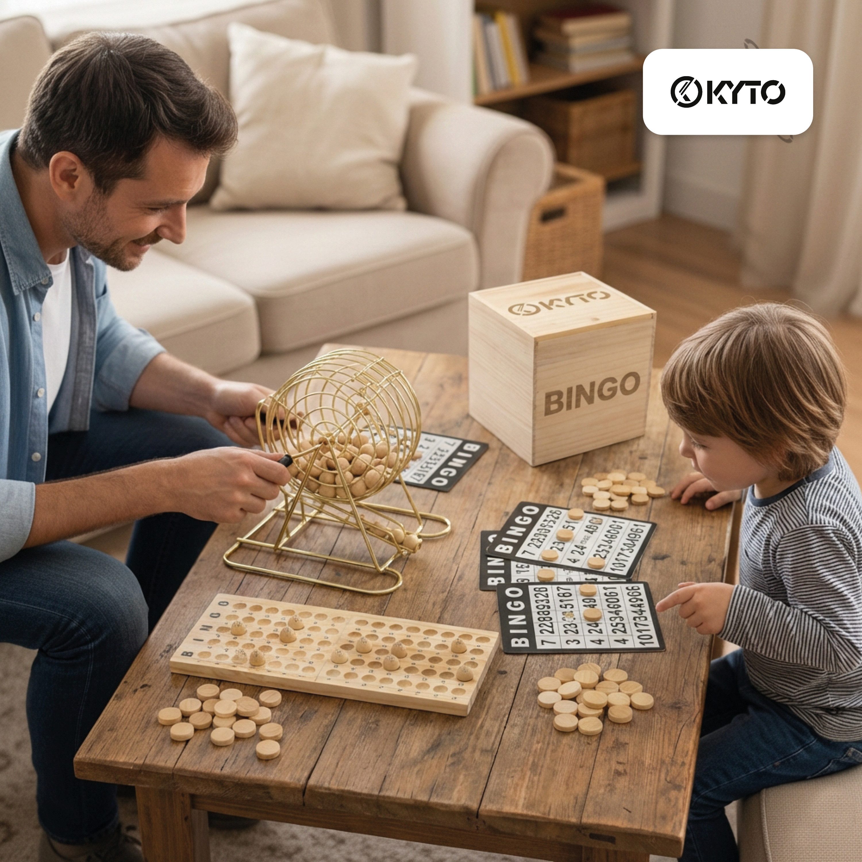 Kyto Spiel Bingo Deluxe Holzbox,150 Chips, 75 Kugeln,Spielbrett, 518 Bingokarten