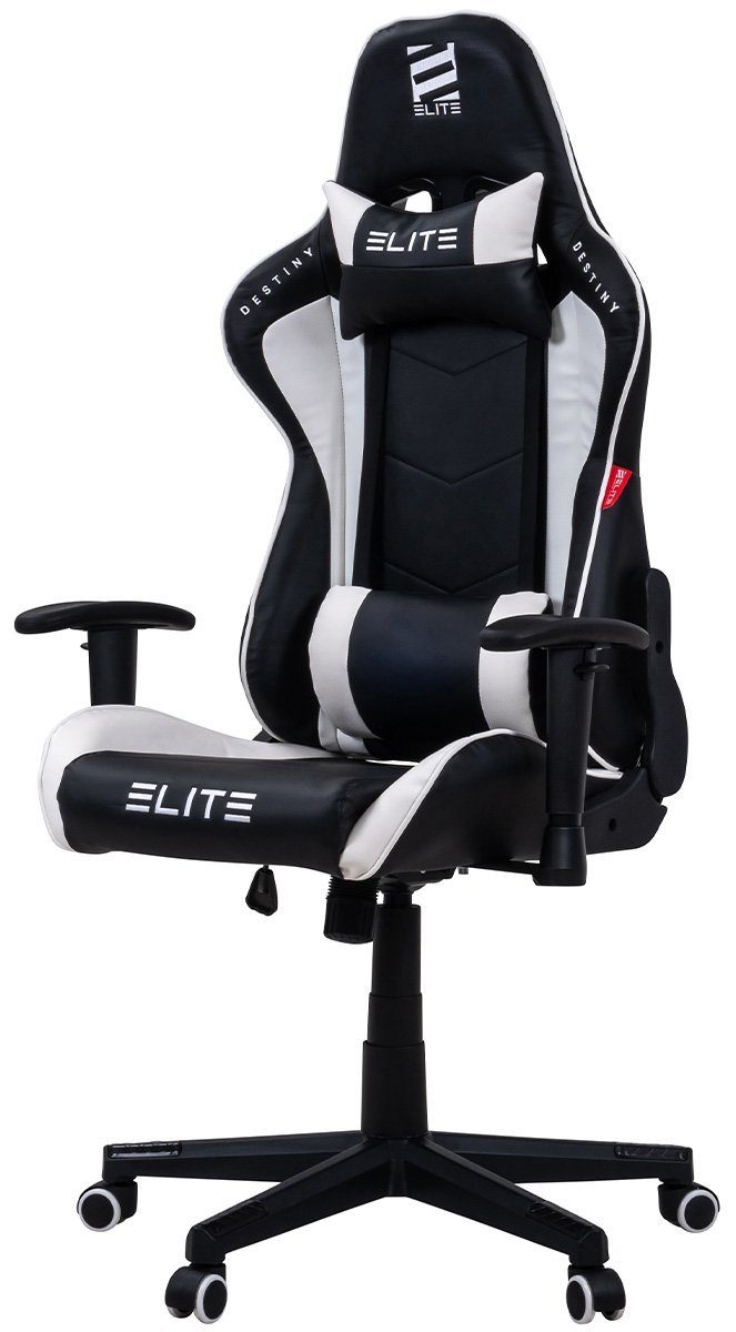 ELITE Gaming Gaming-Stuhl Ergonomischer Bürostuhl Destiny inkl. Rücken- & Nackenkissen (Drehstuhl mit 2D-Armstützen, verriegelbare Wippmechanik, mechanische Härtegradeinstellung, verstellbare Sitzhöhe, 90° klappbare Rückenlehne, Sicherheits-Doppelrollen, 5-Stern Fußkreuz, 360 Grad horizontal drehbar, PVC Memory-Schaum, Sicherheitsgasdruckfeder, Hohe Belastbarkeit bis 150 kg, Chefsessel, Drehsessel, Racing Chair, Gaming Chair, Computerstuhl, Racingstuhl, Pflegeleicht, hochwertige Verarbeitung, Computer Stuhl mit Racing-Design, 1 St), Zockerstuhl - Home Office - Gaming Stuhl - bis 170 kg Schwarz / Weiß