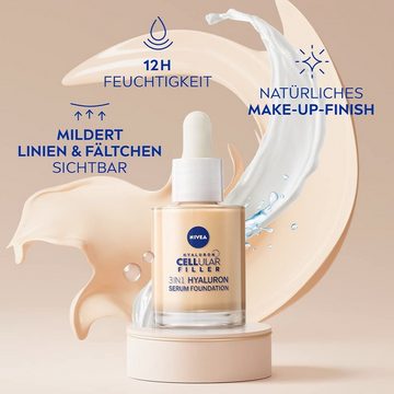 Nivea Hyaluron Serum Cellular Filler 3in1 Hyaluron Serum Foundation 30 ml 03 - Dunkel, für ein natürliches Make-up Finish mit Glow-Effekt