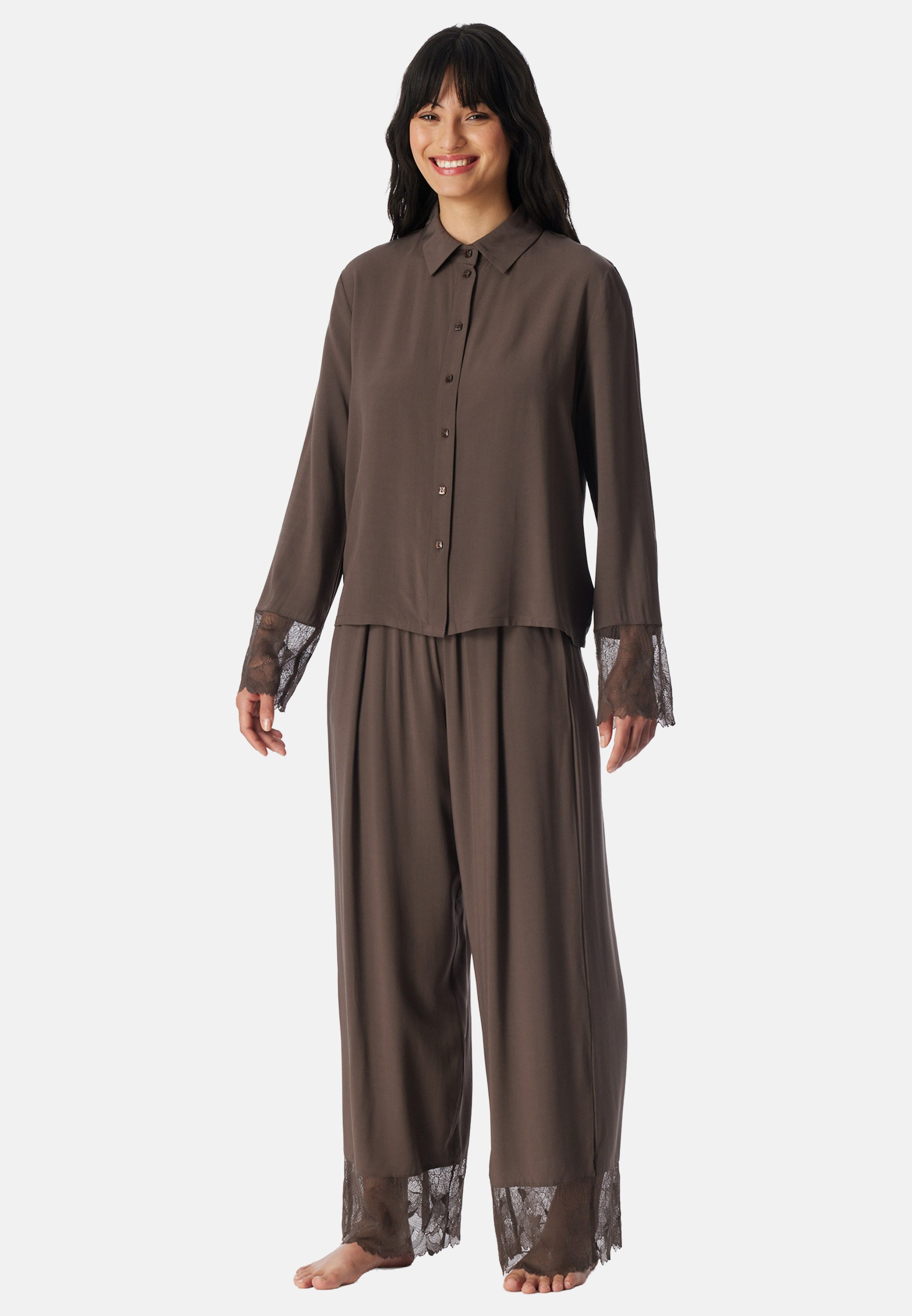 Schiesser Pyjama Modern Lace (Set, 2 tlg) Pyjama - Atmungsaktiv - Set aus Langarm-Shirt und langer Hose