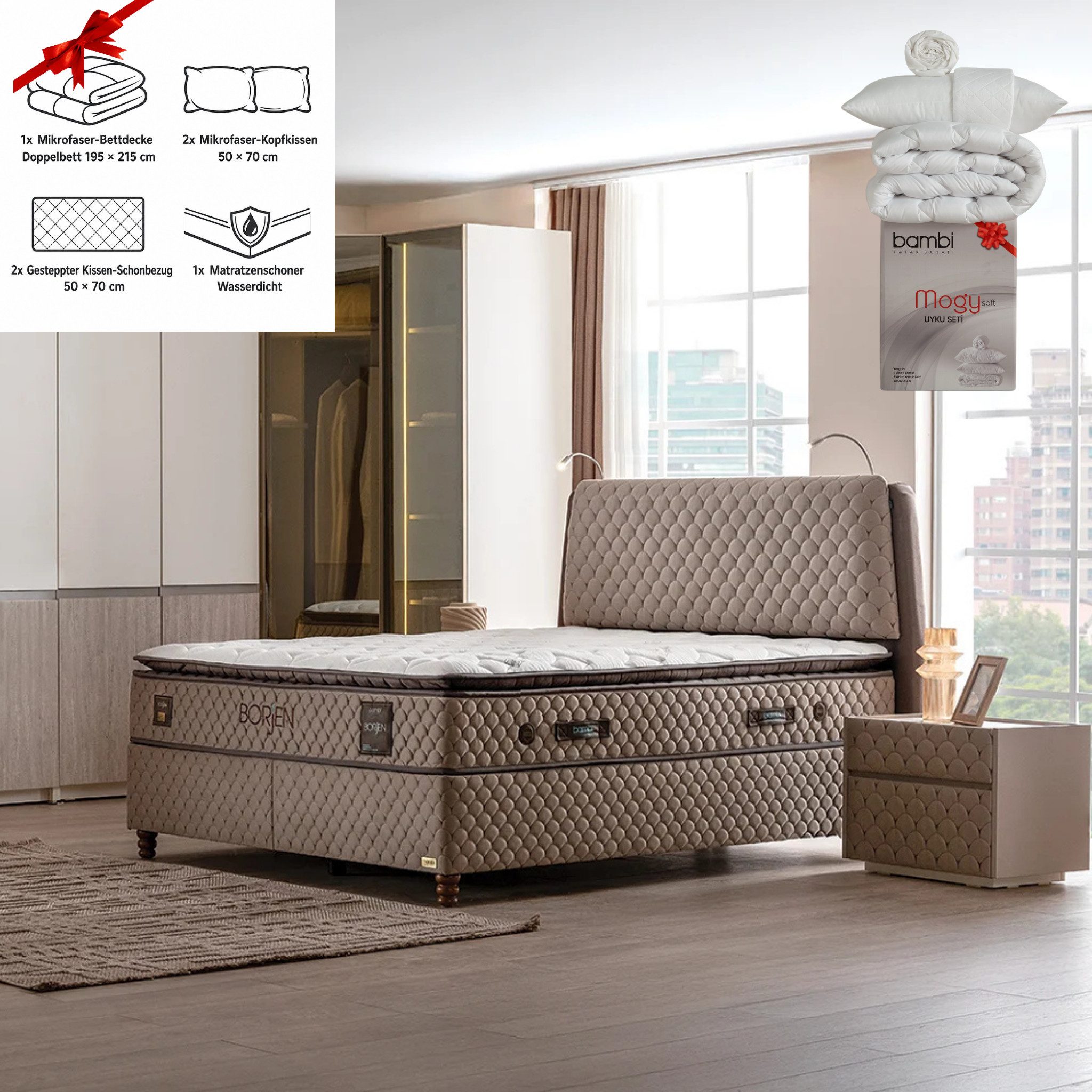 Bambi Boxspringbett Stauraumbett inkl. Matratze Boxspringbett 180x200 - 90x200 Borjen (Set, 1x Matratze, 2x Bettkästen, 1x Kopfteil (Nachttisch optional), 3-W-LED mit 4000 K und USB-Ladeanschluss