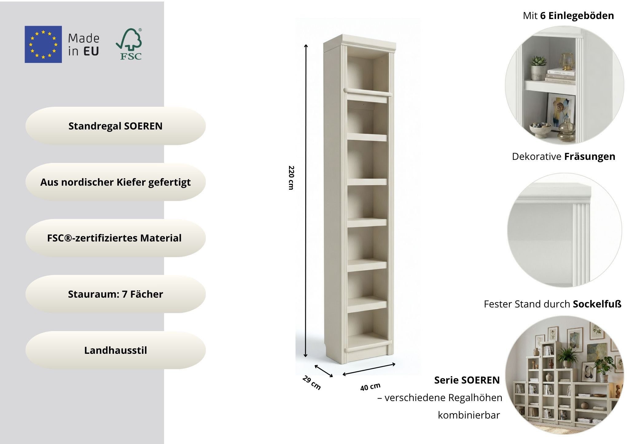 OTTO home Bücherregal Soeren Regal B/T/H: 40/29/220 cm, Kiefer FSC®-zertifiziert, 7 Fächer und 6 Einlegeböden – Bild 5 von 5