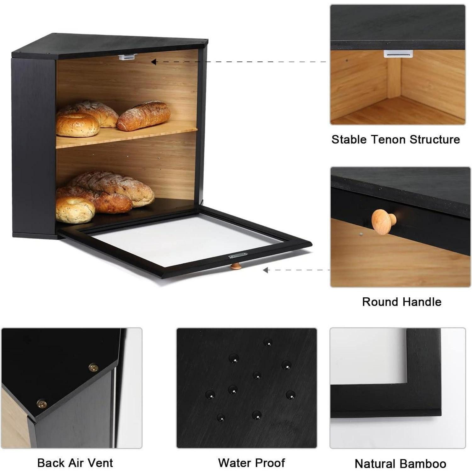 LuxusKollektion Brotkasten Brotkasten Bambus 2 Etagen Schwarz – Bild 4 von 5
