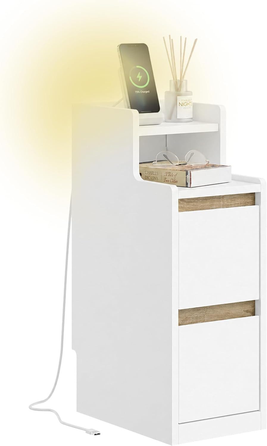 SoBuy Nachttisch FBT178-E, Beistelltisch schmal mit Ladefunktion und LED-Touch-Lampe (1 Tisch), Nachttisch mit USB & Type-C, dimmbare LED-Leiste 1,8 m USB Kabel