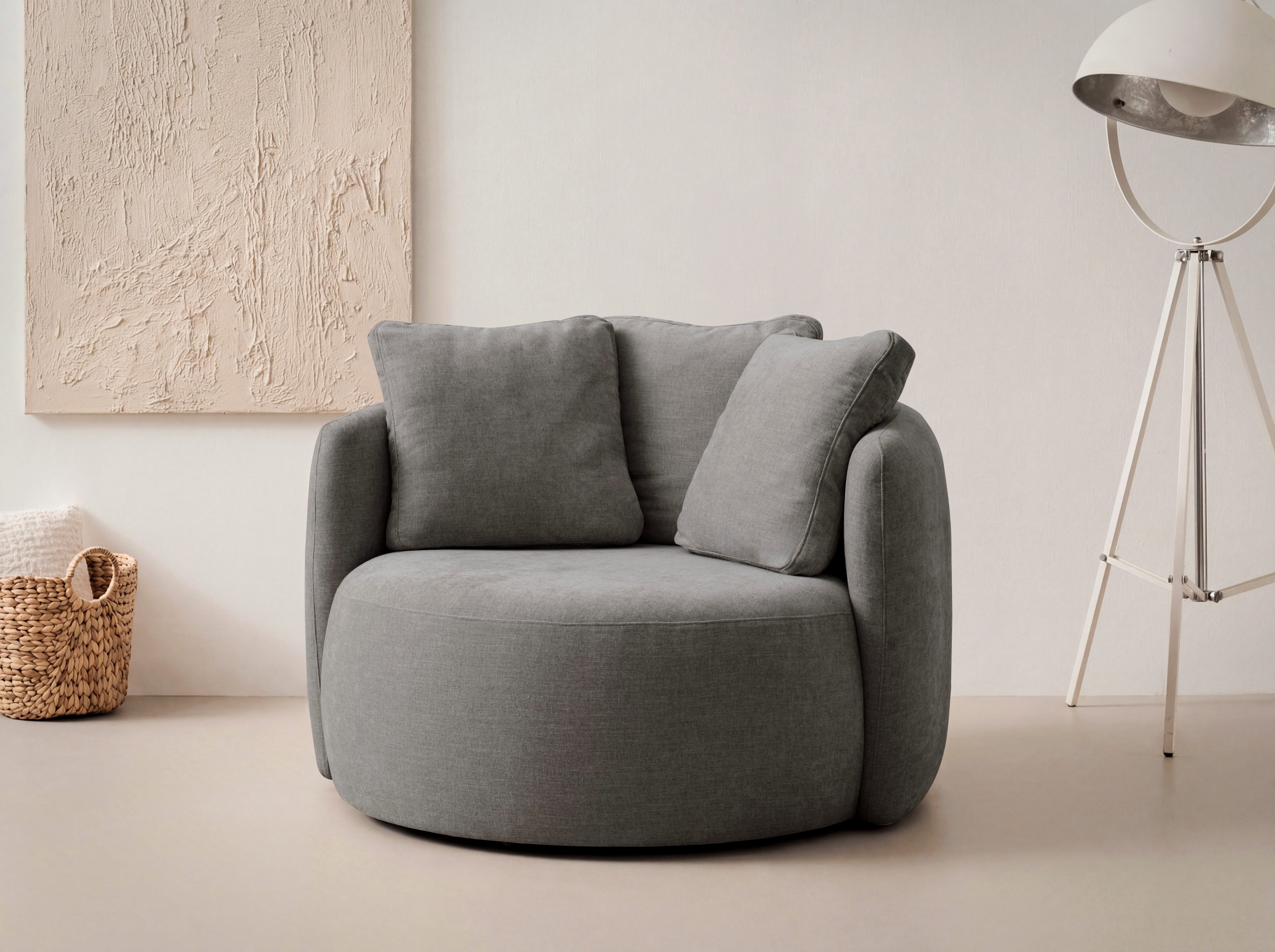 OTTO products Sessel Kaarl, moderner Rundsessel, Loungesessel, Loveseat, Webstoff, in fünf Farben, inkl. Rückenkissen, zeitloses Design