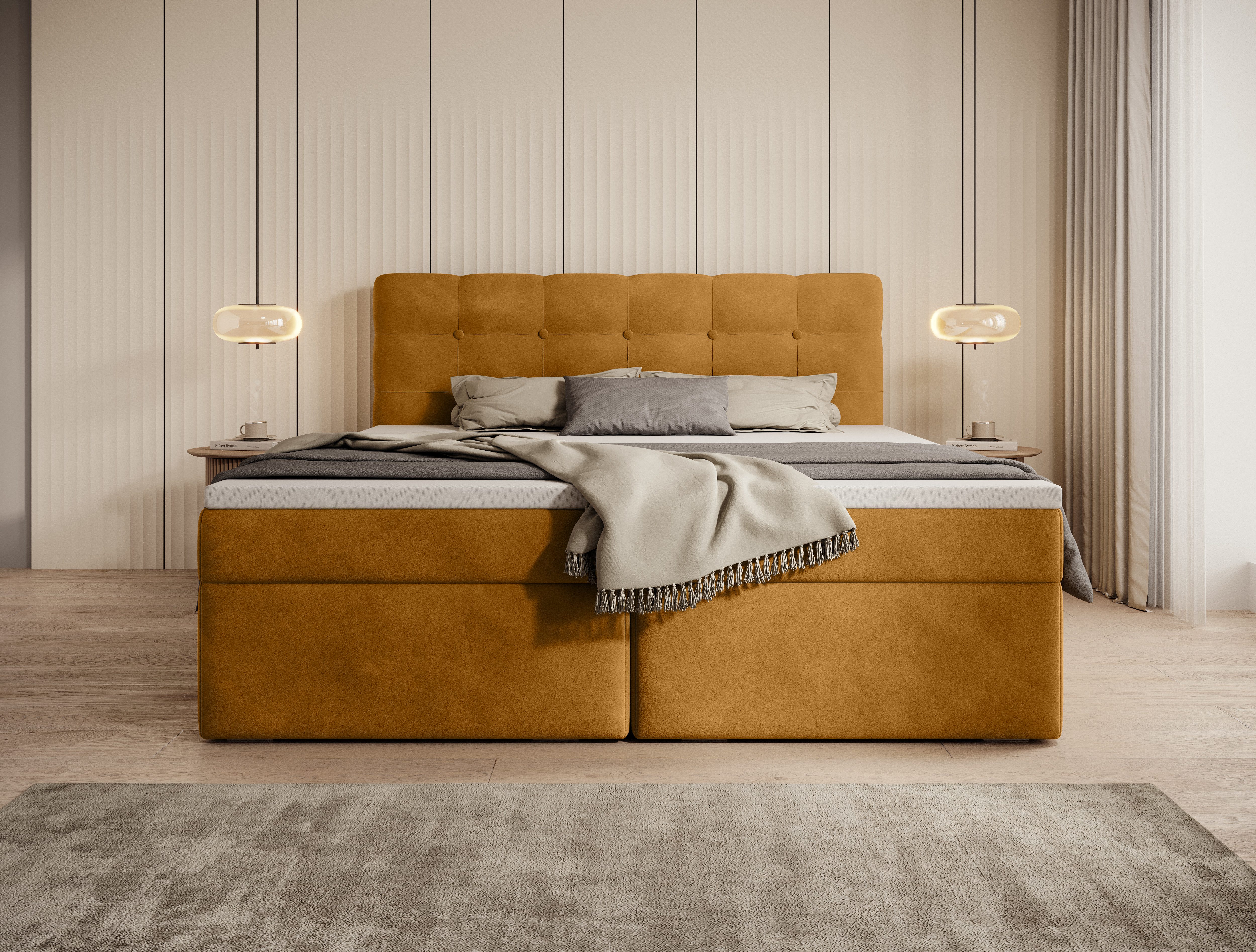 thematys Boxbett Luxus mit Bettkasten 140x200–200x200cm - Velours oder Bouclé Bezug (Polsterbett Bonnellfederkern Matratze H3 + Gratis 3cm Topper, – Doppelbett mit Stauraum - Boxbett)