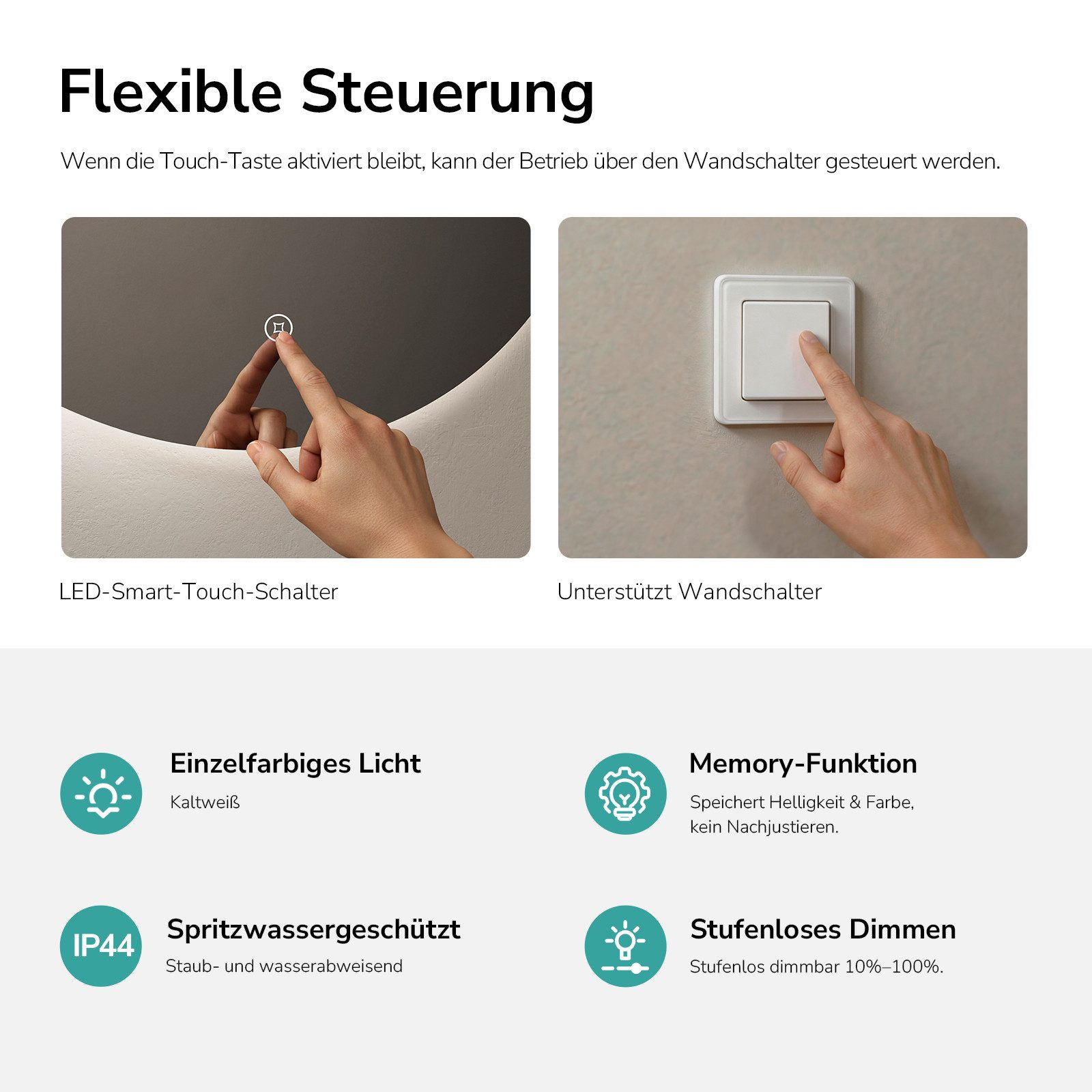 EMKE LED-Lichtspiegel Badspiegel rund, rahmenlos, Touch-Steuerung, dimmbar, Memory-Funktion (50–80 cm, Touchschalter), 6500 K, indirekte Beleuchtung, IP44, Ø 50 – Bild 4 von 5