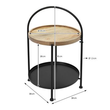 ECD Germany Beistelltisch Couchtisch Sofatisch Wohnzimmertisch Kaffeetisch, Rund Ø38x55cm Metall-Holz Schwarz-Natur klappbar mit 2 Ebenen