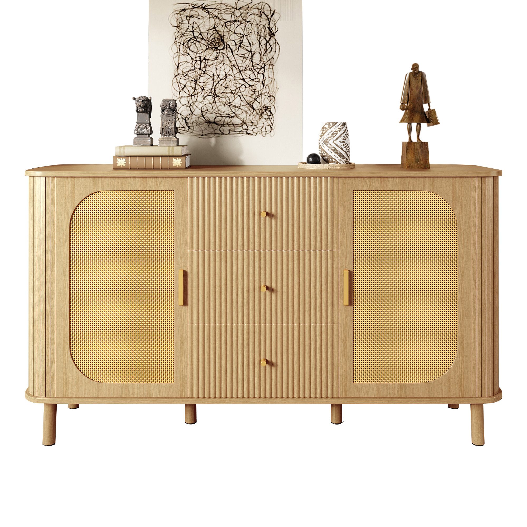 Merax Sideboard mit Metallbeinen in Holzmaserung, Abgerundetes Design (Für Wohnzimmer & Esszimmer, 1 St., Stauraum & praktischer Kabelöffnung), Kommode mit 3 Schubladen, Rattantüren & halbovalen Türen, 140x40x80cm