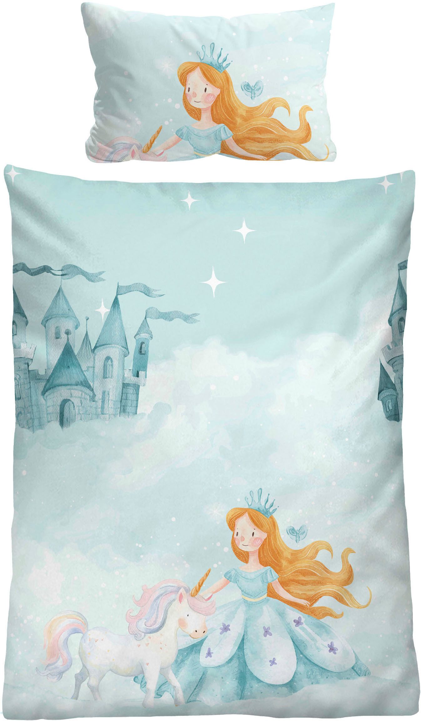 Biberna Kinderbettwäsche 0004524 Prinzessin, Einhorn, Feinbiber, 2 teilig, wohlig warm + weich, pflegeleicht, 100% Baumwolle, Reißverschluss