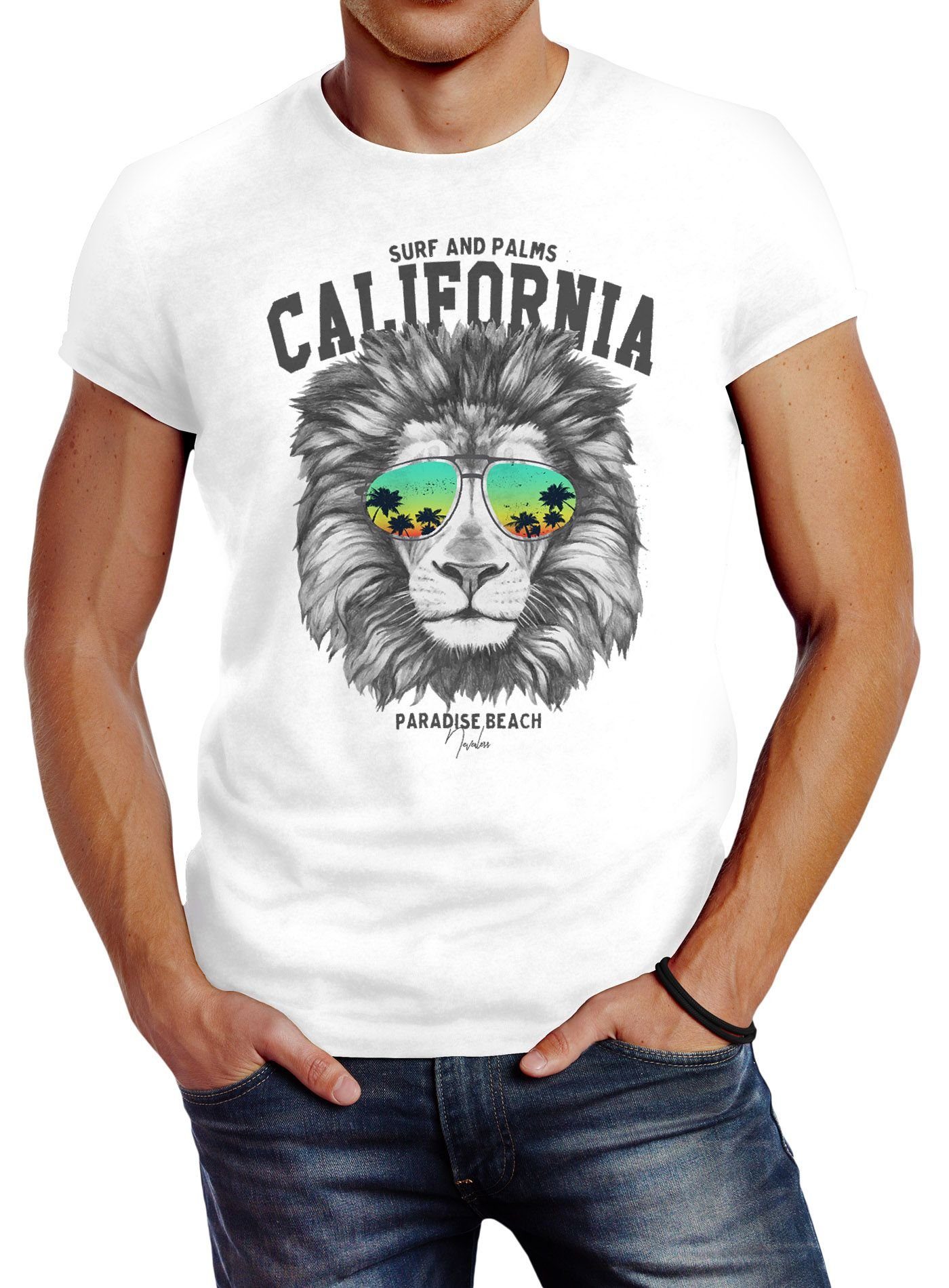 Neverless Print-Shirt Herren T-Shirt Löwe Bär Sonnenbrille Palmen Summer California Slim Fit Neverless® mit Print Lion weiß