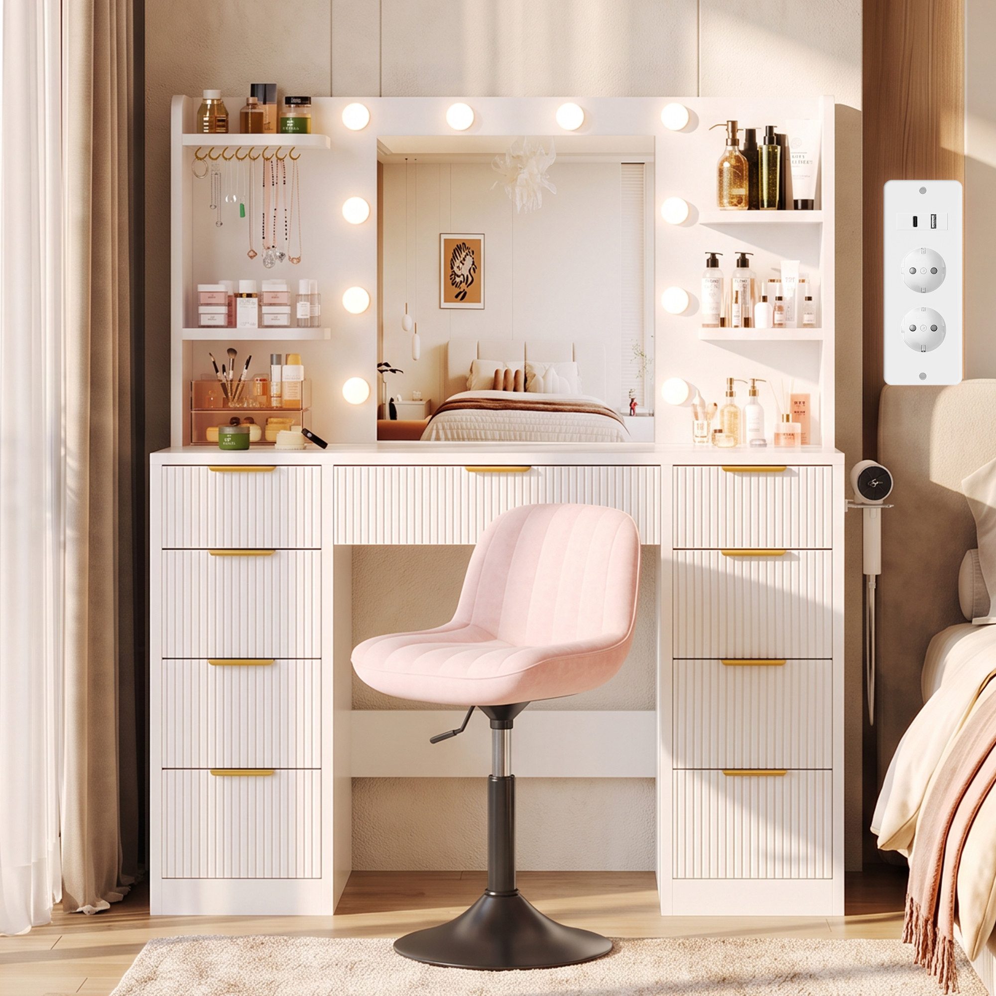 HOMALL Schminktisch LED-Beleuchtung für den Schminktisch, inklusive Hocker-Set (Maße: 108 × 40 × 137 cm, 6 offene Ablagefächer, mit Schmuckhaken, 9 Schubladen, ausgestattet mit 1 USB-Anschluss, 1 Ladeanschluss, 2 Steckdosen und 1 Föhnanschluss, weiß-schwarzer Schminktisch, Kinderschminktisch)