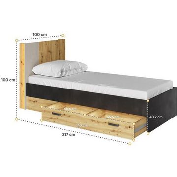 Beautysofa Einzelbett Qubic (inkl. Bettkasten, Holgestell, hohe Kopfteil), 100 cm breite Holzbett, Liegefläche 90x200 cm, Bett im modernes Stil