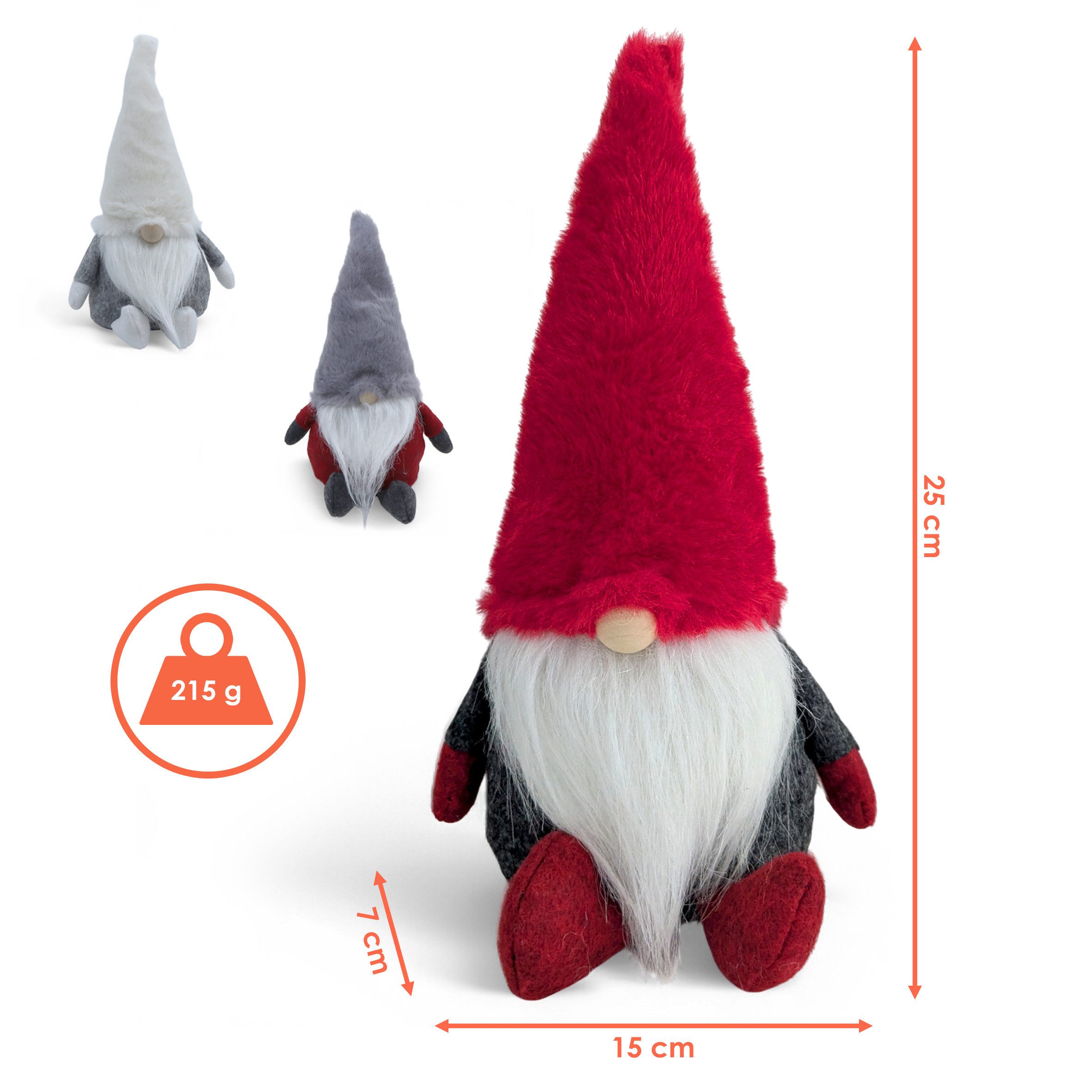 Spetebo Wichtel Dekofigur sitzend 25 cm mit Fellmütze (Set, 1 St., 3-tlg), Wichtelmännchen mit Holznase
