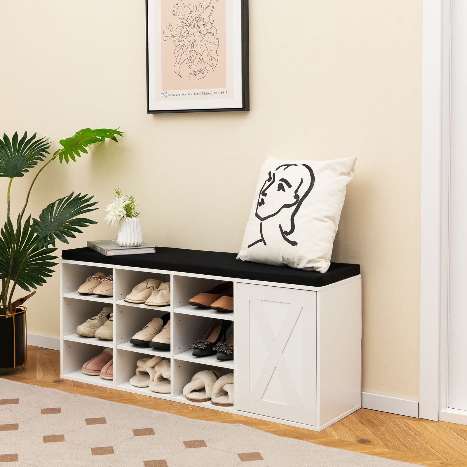 COSTWAY Schuhbank, mit Kissen & 9 Fächern, Schuhschrank für 9 Paar Schuhe