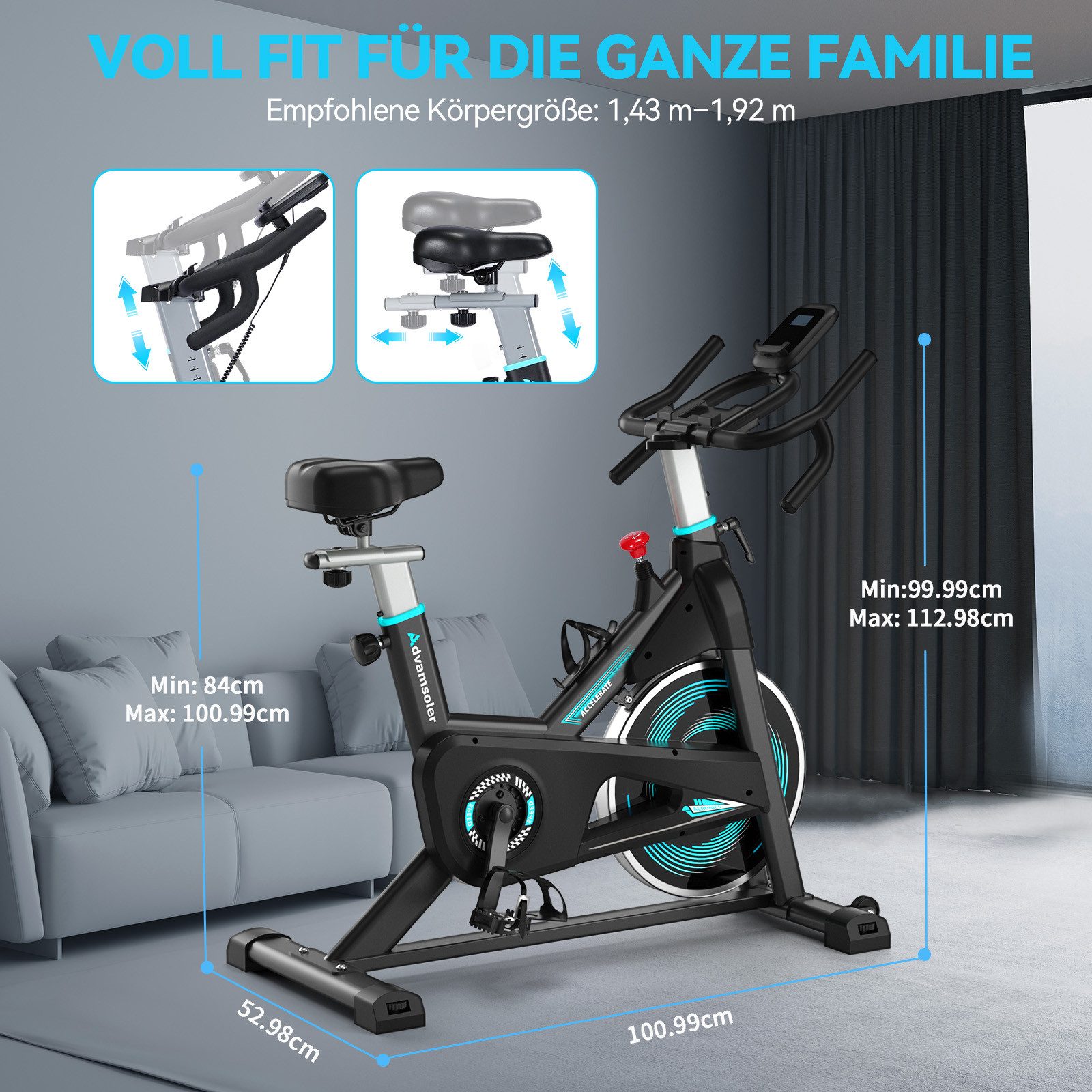 Advamsoler Heimtrainer 160 kg belastbar mit verstellbarem Widerstand, Leises Bike mit LCD-Monitor für Heim-Kardio-Training – Bild 2 von 5