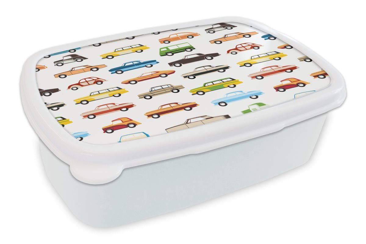 MuchoWow Lunchbox Muster - - Mädchen Erwachsene, - Auto und - (2-tlg), Kinder Brotdose, Kunststoff, Retro - für Jungen Jungs Brotbox für weiß und Kinder Kind