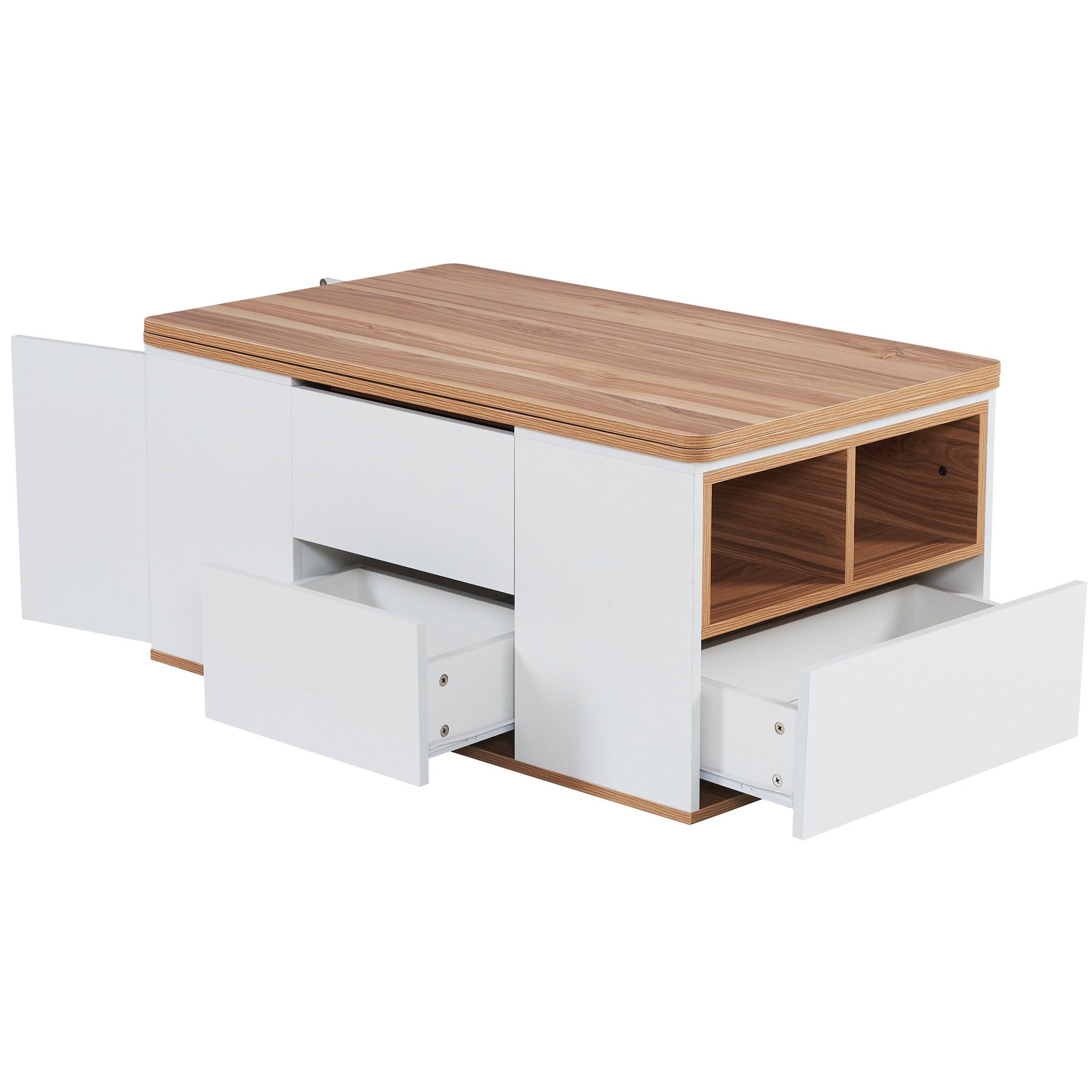 Tischplatte, multifunktional Merax Couchtisch Wildeiche mit Schubladen, | Weiß mit Beistelltisch ausziehbarer Wohnzimmertisch,