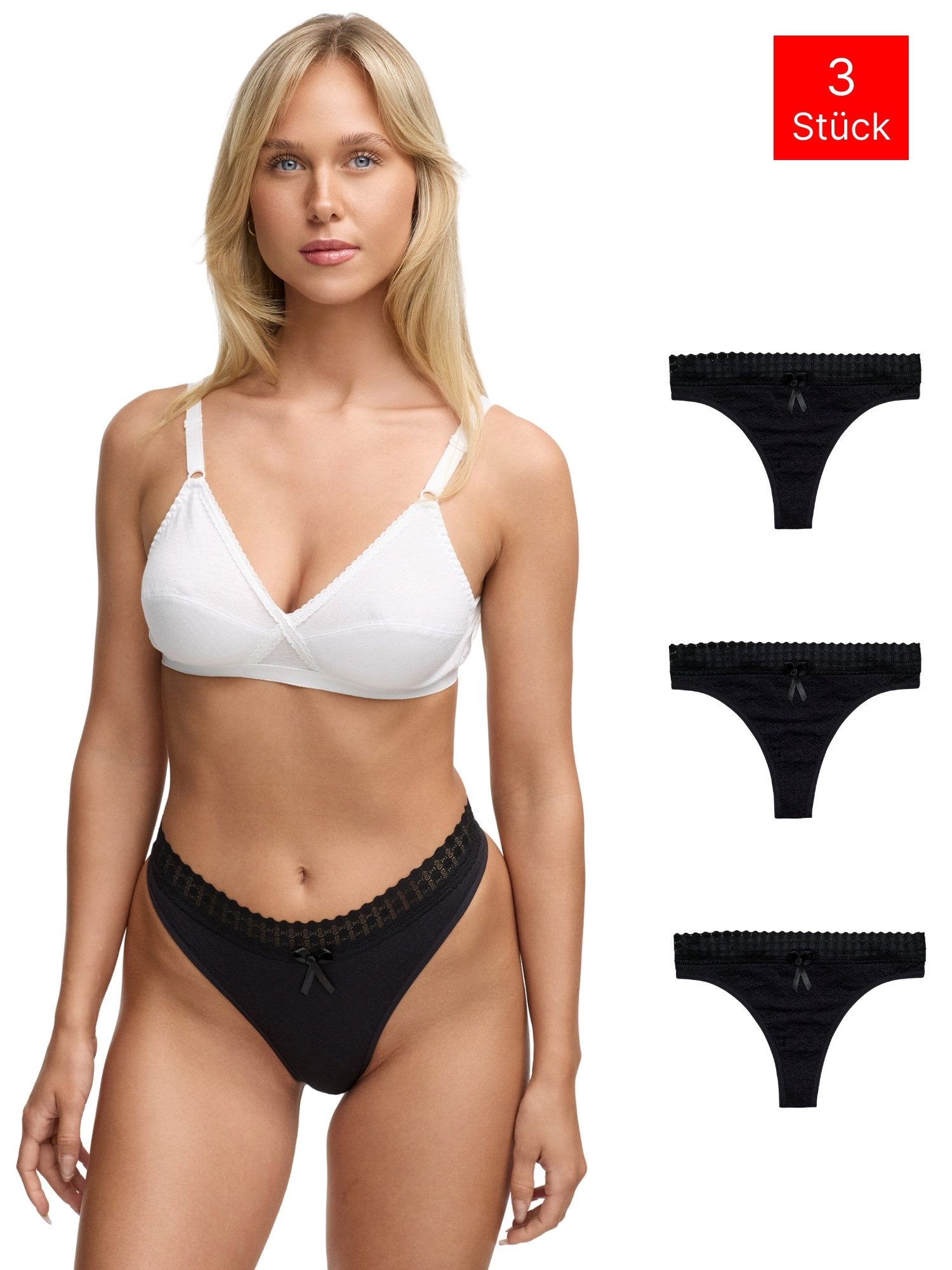 Tazzio String 3er-Pack Damen Tanga F927 (Packung, 3-St., 3er-Pack) Spitzen-Detail am Bund & String-Schnitt