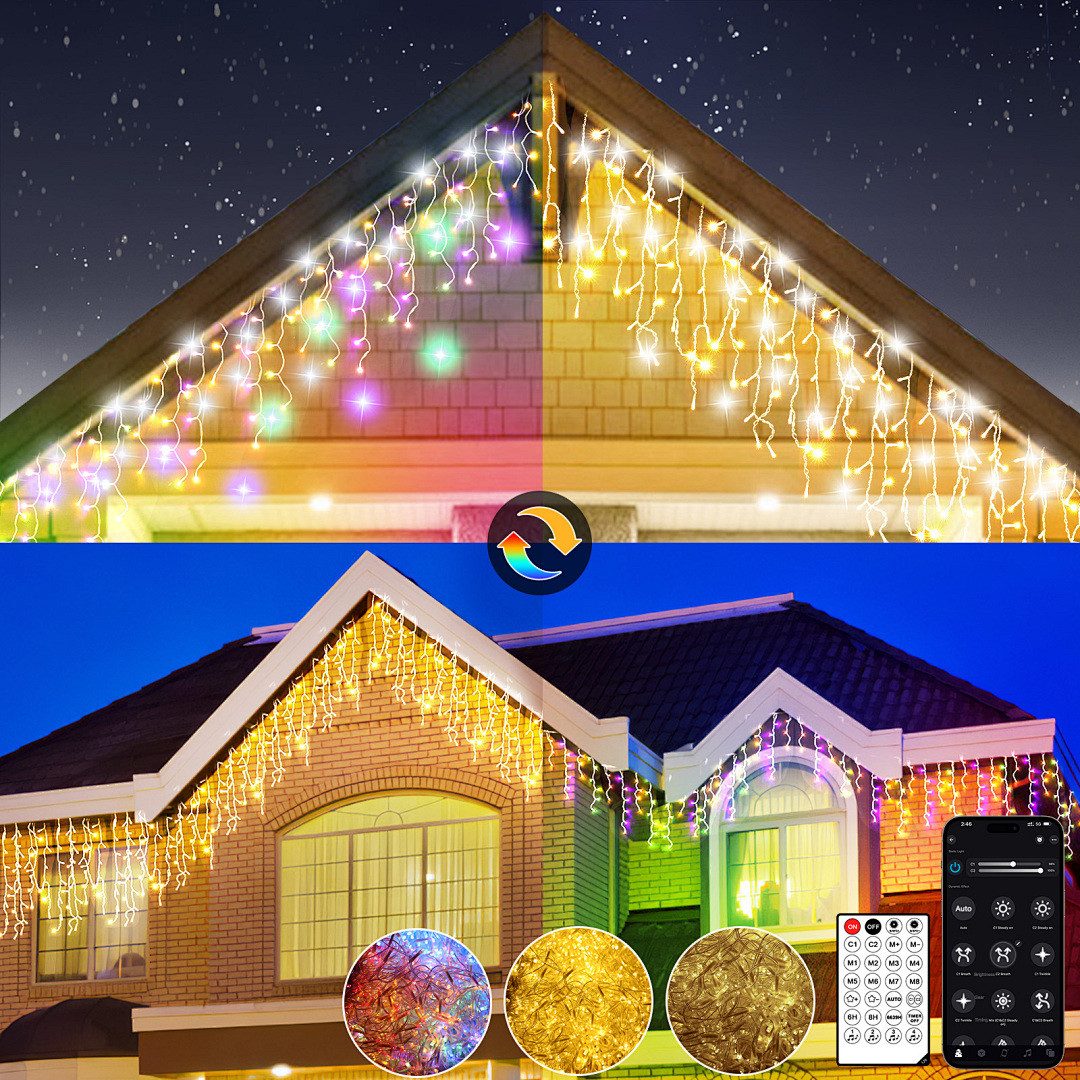 Circlio LED-Lichtervorhang 5-45m LED Eiszapfen-Lichterkette Außen mit App, Timer & Fernbedienung, 17 Modi, Musikmodus, Timer, IP65, Warmweiß/Kaltweiß/Bunt