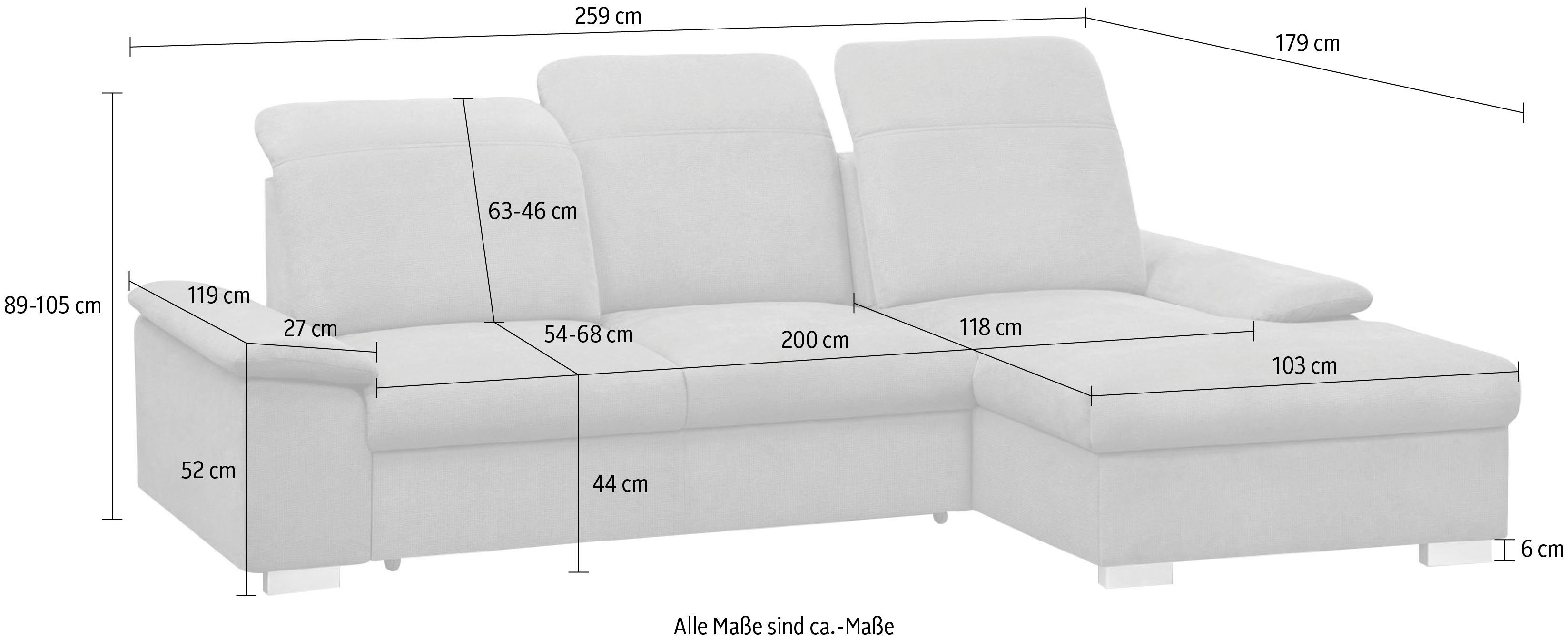 Moli CALIZZA Bettkasten, Ecksofa Schlaffunktion, 2, Kopfteilverstellung, INTERIORS Sitztiefenverstellung ice