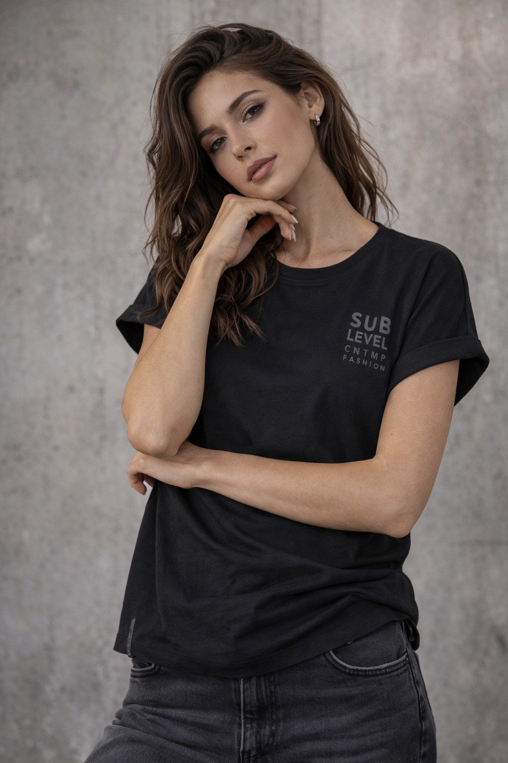 SUBLEVEL T-Shirt Damen Shirt Turn-Up Ärmel Weiches Basic Shirt Rundhals Kurzarm Baunwolle Modal Mix, super soft, unifarben, markenlogo