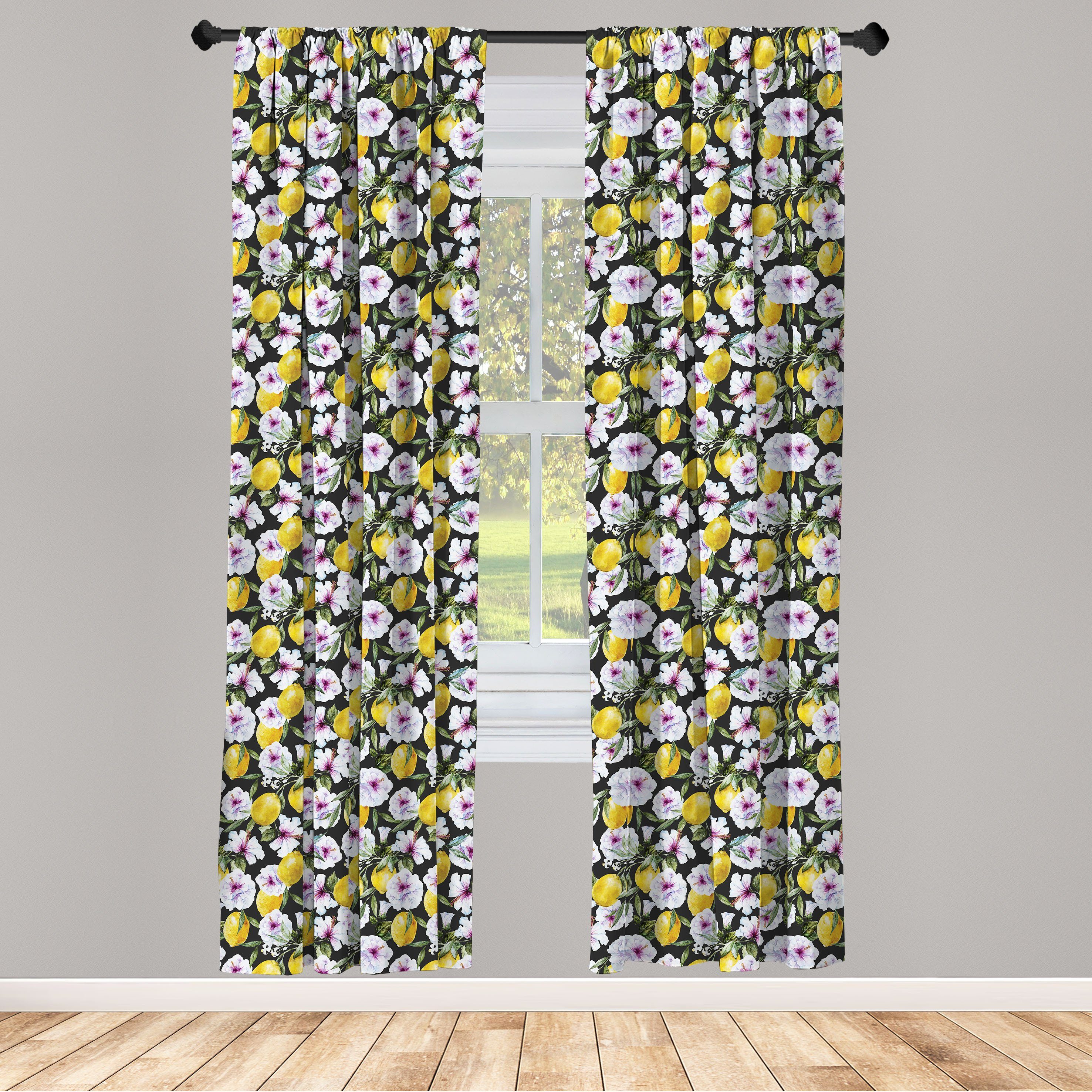 Gardine Vorhang für Wohnzimmer Schlafzimmer Dekor, Abakuhaus, Microfaser, Tropisch Hibiscus Blütenblätter Zitronen