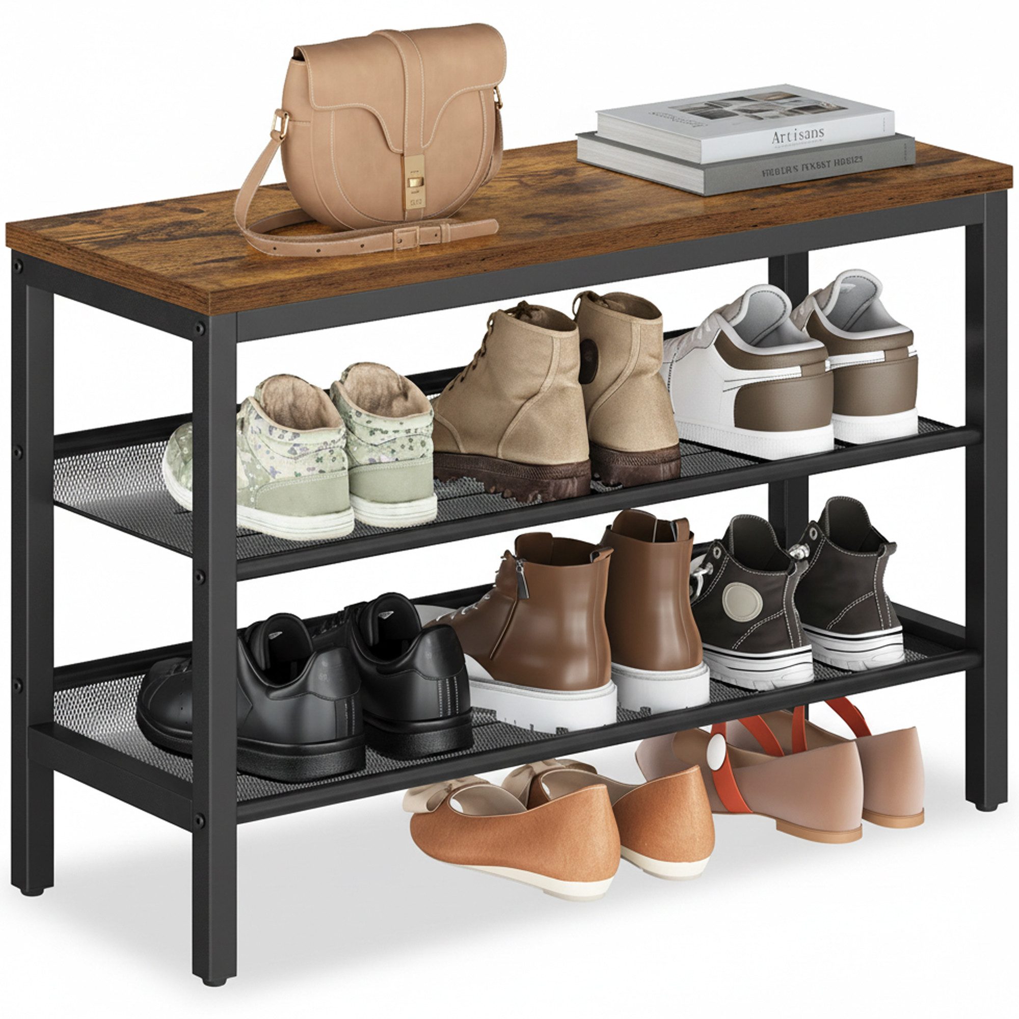 VASAGLE Schuhbank Schuhregal mit 3 Ebenen, Schuhablage, einteiliges Design, mit erhöhten Kanten, Industrie-Stil, 28 x 75 x 50 cm