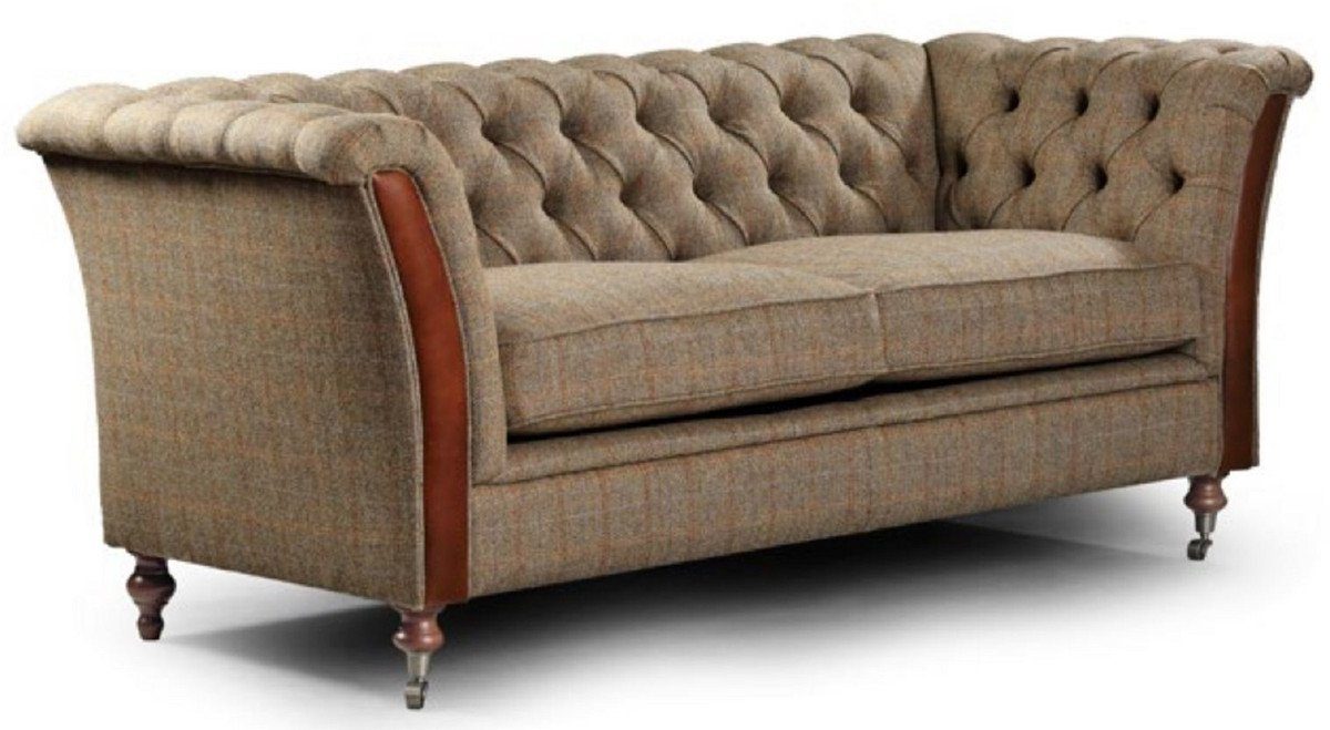 Casa Padrino Chesterfield-Sofa Luxus Chesterfield 2er Sofa Grau / Braun 186 x 87 x H. 77 cm - Elegantes Wohnzimmer Sofa mit Echtleder - Chesterfield Wohnzimmer Möbel