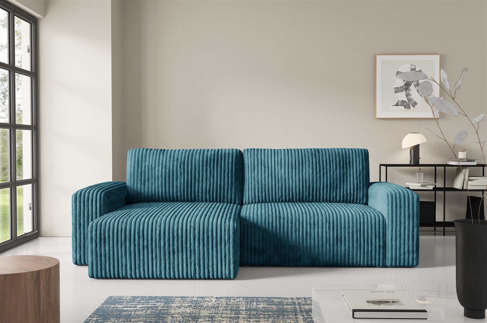 Fun Möbel Ecksofa Sofa NATALIA mit Schlaffunktion in Velourstoff Tilia, Rundumbezug, Ottomane Links oder Rechts
