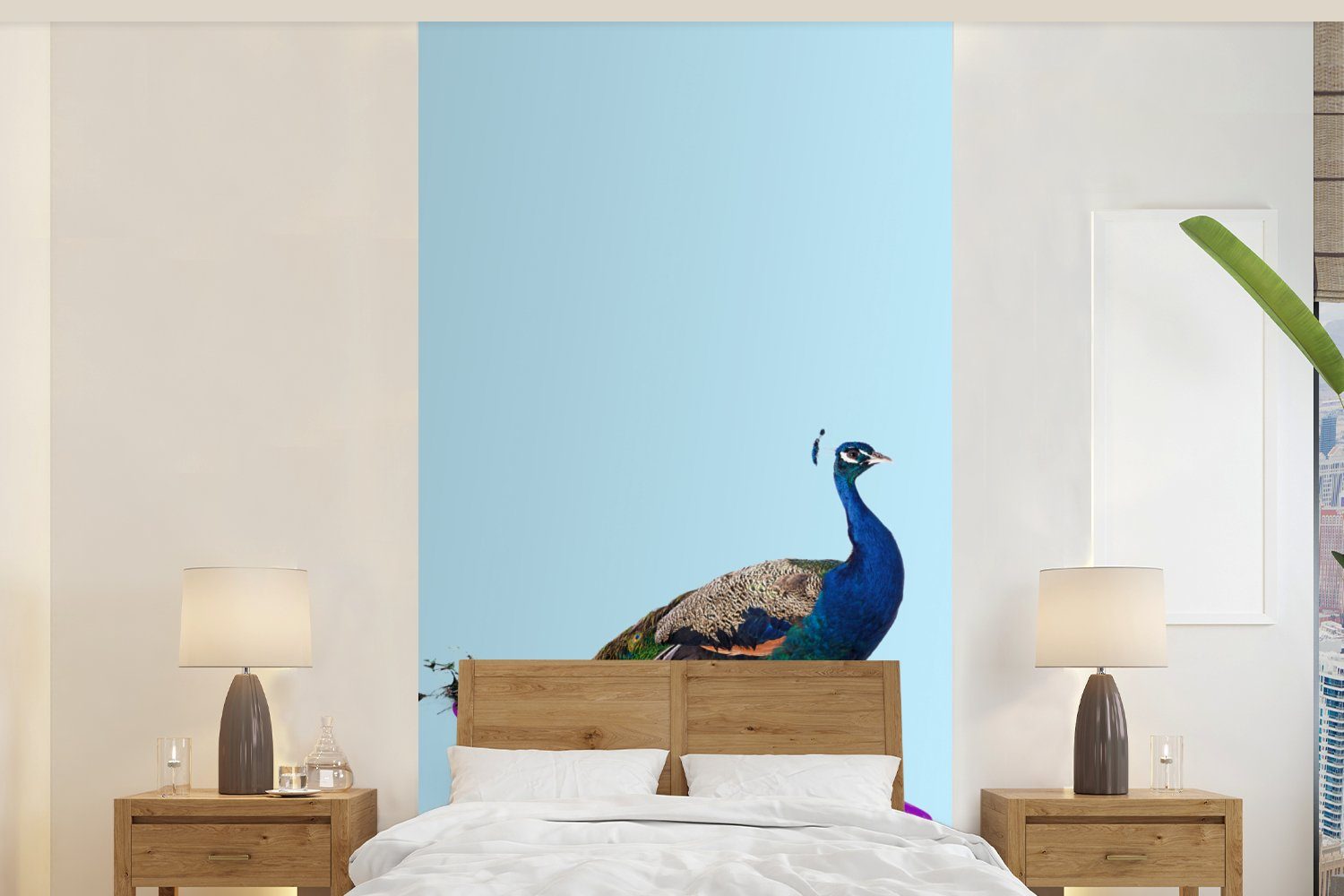 MuchoWow Fototapete Pfau - Blau - Skateboard - Tiere - Lustig, Matt, bedruckt, (2 St), Vliestapete für Wohnzimmer Schlafzimmer Küche, Fototapete