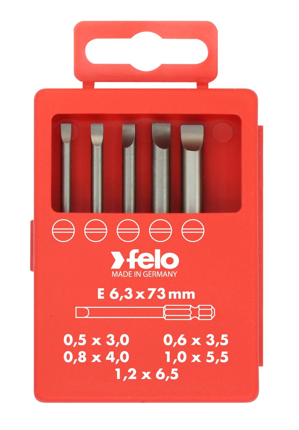 Felo Bit-Set Felo Profi Bitbox 73 mm, je 1 Bit 0,5 x 3,0, 0,6 x 3,5, 0,8 x 4,0, 1,0 x 5,5, 1,2 x 6,5