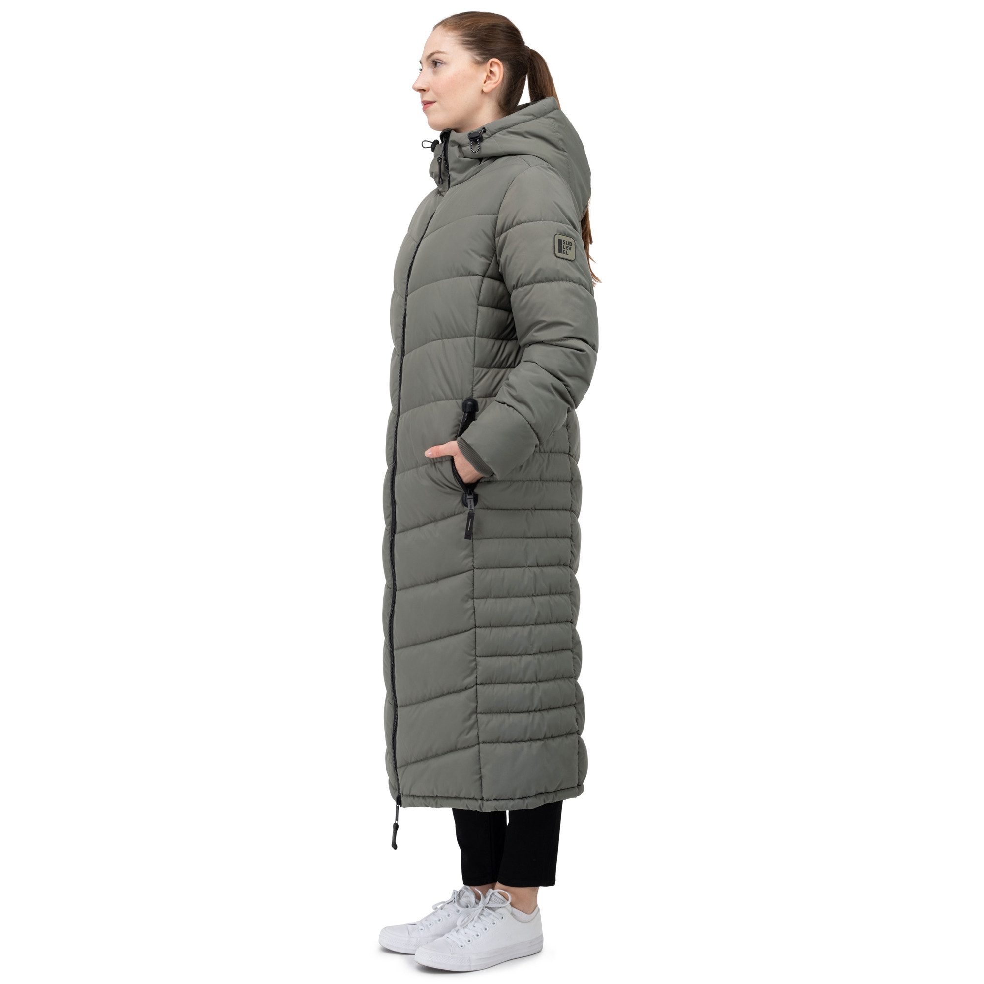 SUBLEVEL Steppjacke Damen Mantel mit Kapuze extra lange Winter Jacke Parka